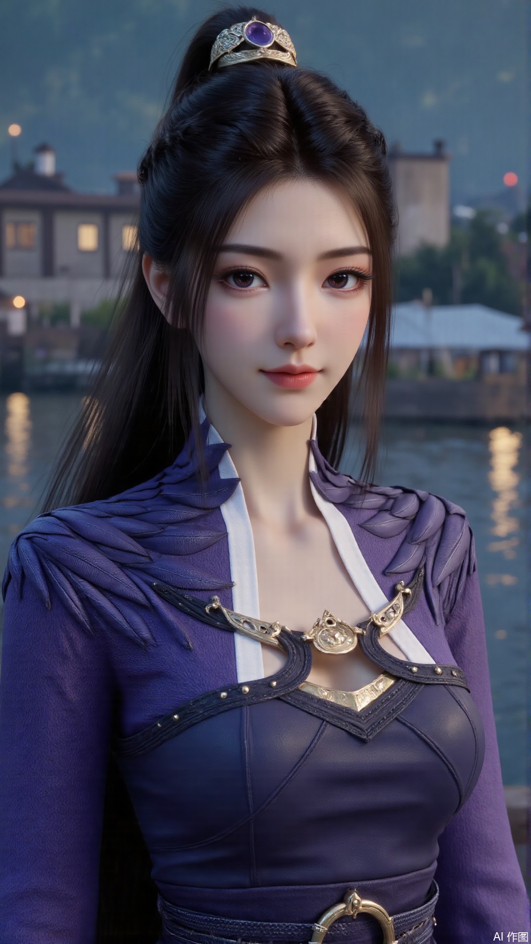 1girl, black hair, ponytail, purple dress, purple eyes, looking at viewer, mischevious smile, perfect body, scenery, sharp focus, best quality, masterpiece, detailed outfit, illustration, perfect eyes, finely detailed beautiful anime eyes, realistic skin, intricate details, best lighting, depth of field, ultra high resolution,cowboy_shot