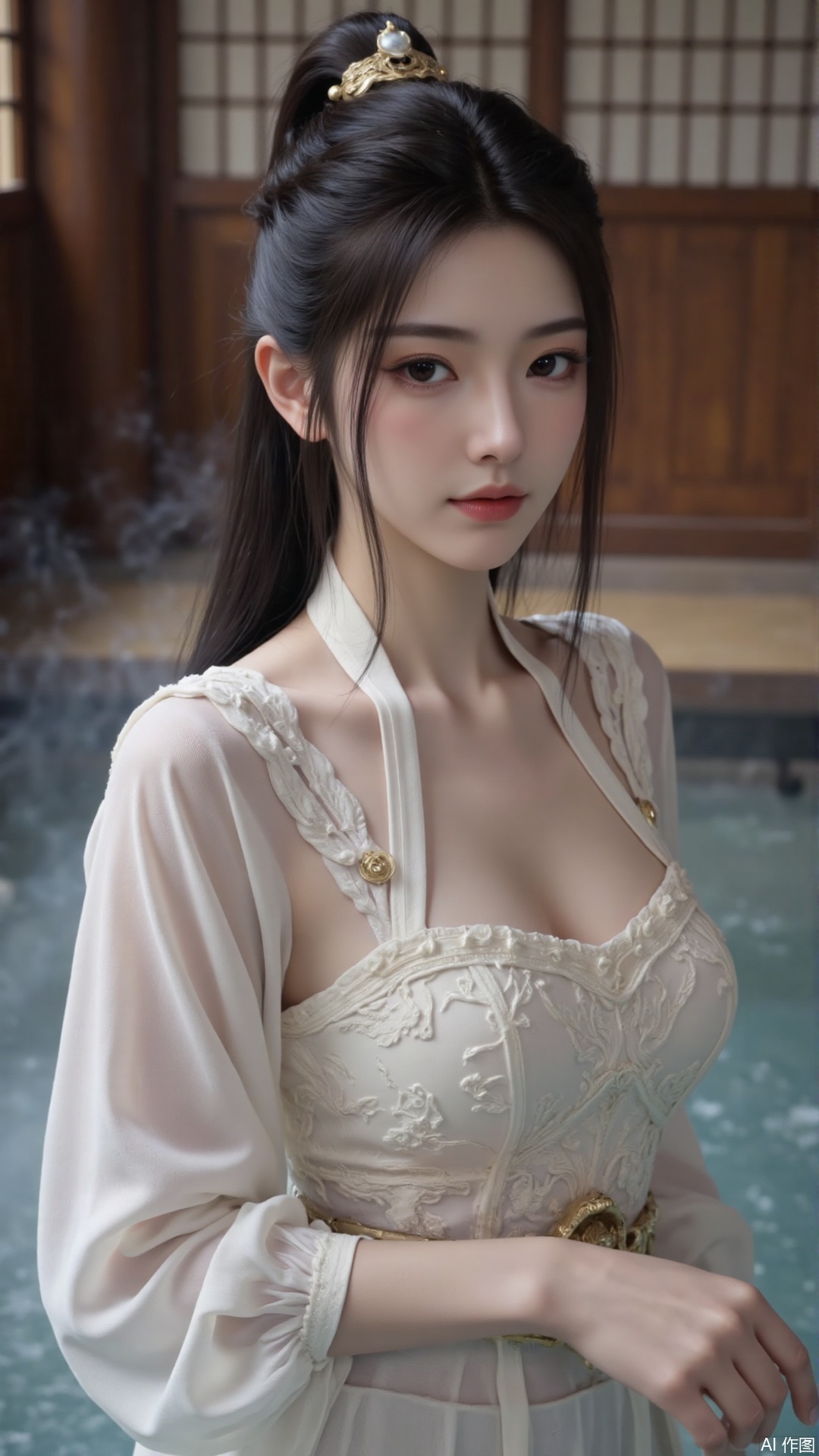 Ancient costume beauties,This is a high-resolution photograph of an East Asian woman, likely in her twenties, standing waist-deep in a steamy, misty pool. She has fair skin, delicate facial features, and long, straight black hair styled in an elegant updo adorned with traditional ornamental hairpins featuring intricate gold designs and pearls. Her eyes are almond-shaped and accentuated with subtle makeup, giving her a serene, contemplative expression.

She is wearing a white, lace halter top with intricate floral patterns, paired with a sheer, off-white, long-sleeved blouse that drapes over her shoulders, adding a soft, ethereal texture to her attire. The mist around her creates a dreamy, otherworldly atmosphere, with soft, diffused light casting gentle shadows that highlight her delicate features and the lace patterns of her top.

The background features wooden architecture with warm, earthy tones, suggesting an indoor setting with traditional wooden elements, possibly a bathhouse or a historical Japanese-style room. The wooden panels are partially visible, adding a sense of depth and historical context to the scene. The overall mood of the photograph is serene and nostalgic, capturing a moment of quiet reflection in a tranquil, ancient setting.