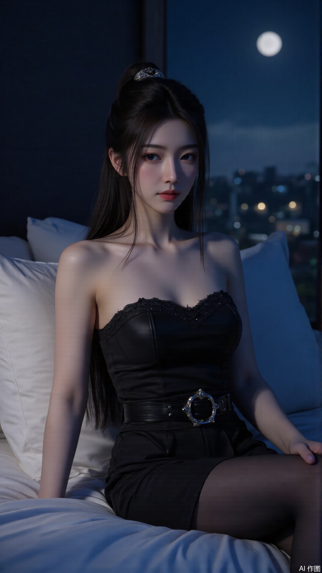 1girl, solo,Long hair, black hair, blue eyes, black nightgown, black lace stockings, bare shoulders, leaning against the pillow, with a sad expression, in bed, at night, white moonlight shining on the body, .(all body) (Show whole body),(all body),(artist:quasarcake:0.8),extreme aesthetic,(wlop:0.6),masterpiece,best quality,good quality,newest,very aesthetic,absurdres,Visual impact,A shot with tension, ultra-high resolution,32K UHD,sharp focus,best-quality,masterpiece,Emotionalization,unconventional supreme masterpiece,masterful details,temperate atmosphere,with a high-end texture,in the style of fashion photography, (Visual impact:1.2),visually striking appearance,impactful picture,offcial art,colorful,splash of color,movie perspective, masterpiece,best quality,amazing quality,very aesthetic,absurdres,best quality,newest