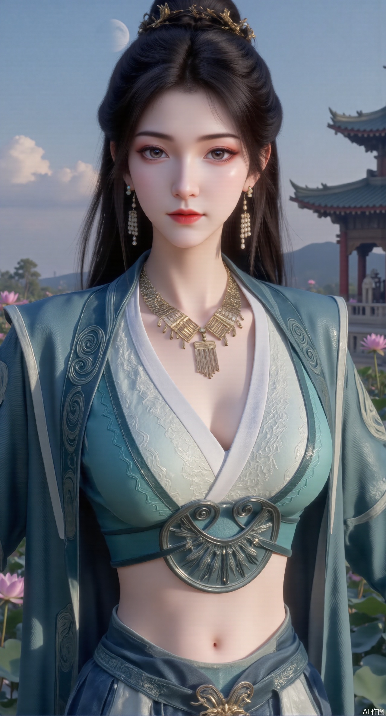 (masterpiece, best quality:1.2),1girl, navel, solo, midriff, bare shoulders, hair ornament,(long hair),(High double ponytail:1.49), red lips, BREAK, (looking at viewer:1.39), chinese clothes,(long dress:1.36), (lace:1.28), BREAK,blurry, solo focus, long hair, lips, daytime, lipstick, outdoors, standing,upper body,(huge breasts:2.99), (full breasts:2.99),background, solo, makeup,Xyunxiao,(Lotus,Water Lily,Blue sky,full moon:1.39),(Lotus pond,ancient Chinese architecture:1.39),Xmupeiling,XsongyuYK,XqiyueFHK,XheguangzhefandiYK,XxiaobaiNZYK,XlimuwanJCBYK,XmeijiK,XzhouruK,Xjinniang,Xliangpianqun,Xyinggou,Xfeitianwunv,XnangongxierK,Xbaiyuekuishouban,Xnvwashenian,XmupeilingY