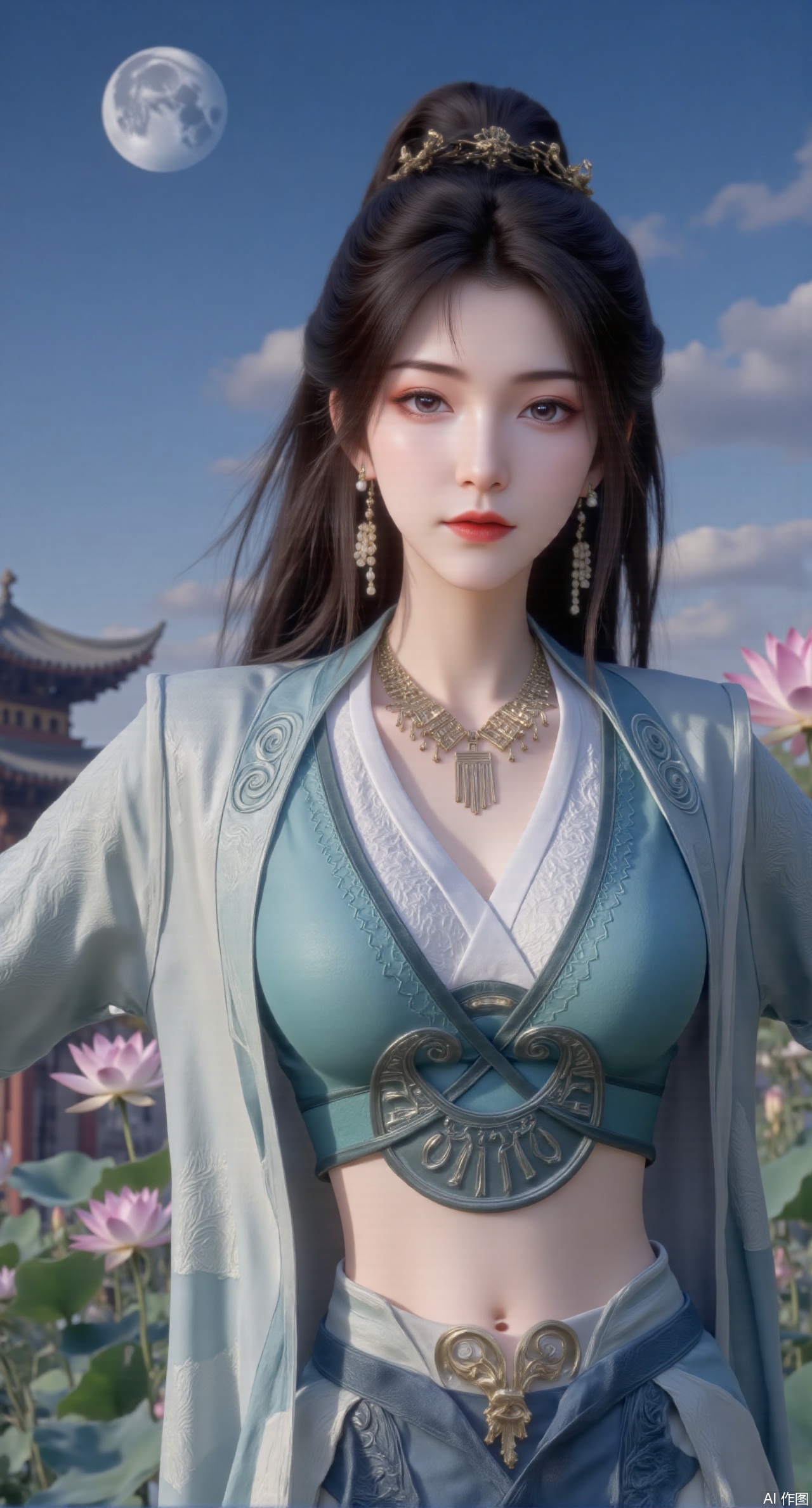 (masterpiece, best quality:1.2),1girl, navel, solo, midriff, bare shoulders, hair ornament,(long hair),(High double ponytail:1.49), red lips, BREAK, (looking at viewer:1.39), chinese clothes,(long dress:1.36), (lace:1.28), BREAK,blurry, solo focus, long hair, lips, daytime, lipstick, outdoors, standing,upper body,(huge breasts:2.99), (full breasts:2.99),background, solo, makeup,Xyunxiao,(Lotus,Water Lily,Blue sky,full moon:1.39),(Lotus pond,ancient Chinese architecture:1.39),Xmupeiling,XsongyuYK,XqiyueFHK,XheguangzhefandiYK,XxiaobaiNZYK,XlimuwanJCBYK,XmeijiK,XzhouruK,Xjinniang,Xliangpianqun,Xyinggou,Xfeitianwunv,XnangongxierK,Xbaiyuekuishouban,Xnvwashenian,XmupeilingY