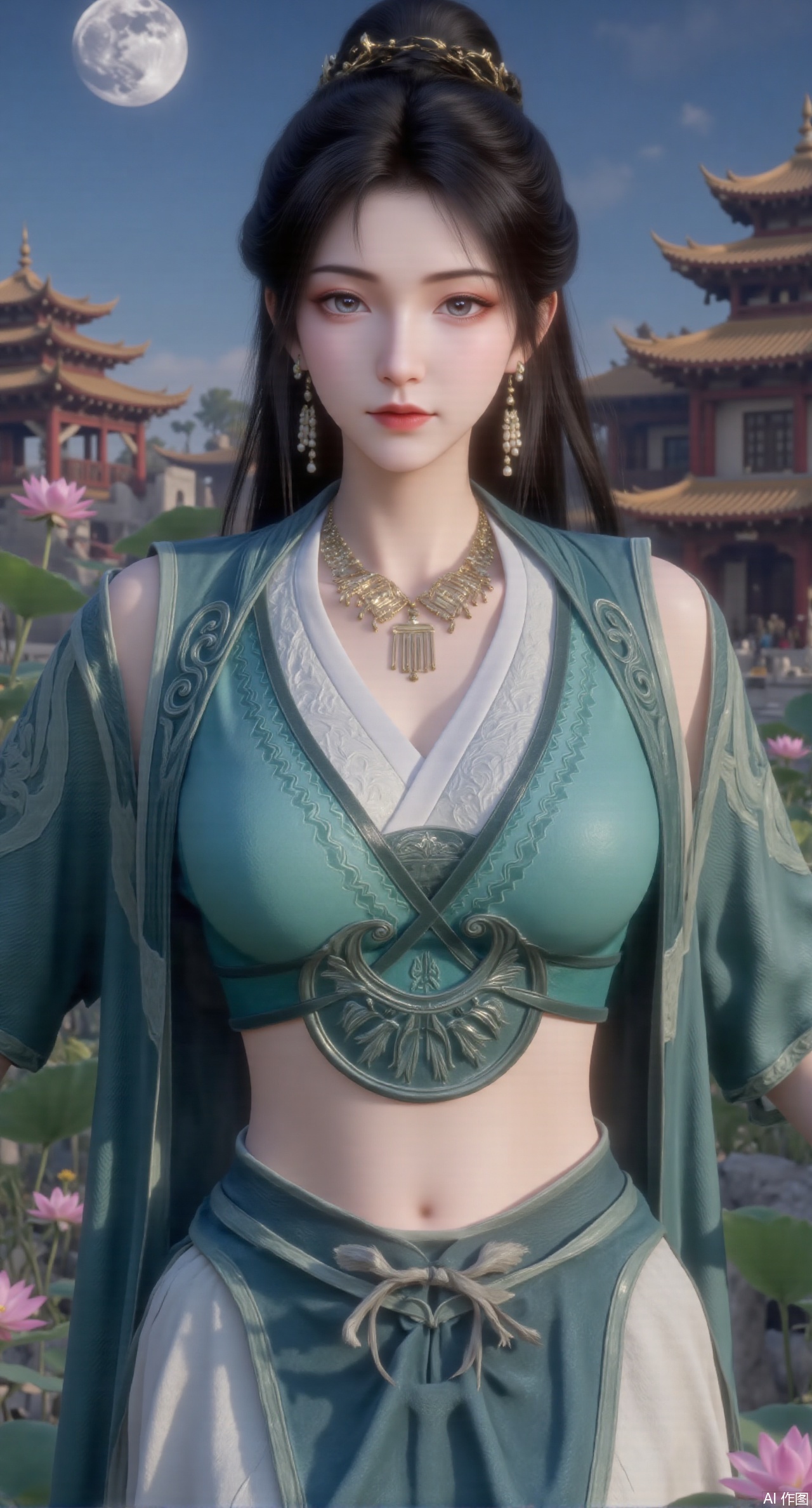 (masterpiece:1.2),best quality, (UE5.5,rendered with Unreal Engine 5,Unreal Engine 5,CG rendering),1girl, navel, solo, midriff, bare shoulders, hair ornament,(long hair),(High double ponytail:1.49), red lips, BREAK, (looking at viewer:1.39), chinese clothes,(long dress:1.36), (lace:1.28), BREAK,blurry, solo focus, long hair, lips, daytime, lipstick, outdoors, standing,upper body,(huge breasts:2.99), (full breasts:2.99),background, solo, makeup,Xyunxiao,(Lotus,Water Lily,Blue sky,full moon:1.39),(Lotus pond,ancient Chinese architecture:1.39),Xmupeiling,XsongyuYK,XqiyueFHK,XheguangzhefandiYK,XxiaobaiNZYK,XlimuwanJCBYK,XmeijiK,XzhouruK,XHhanfududou,XzhouruK2,XmeijiK2,XlinziyueK2,Xjinniang2,Xdunhuangfeitian,Xyinggou2,XnangongxierK2,Xnvwashenian2,XmupeilingYK,Xdaji2