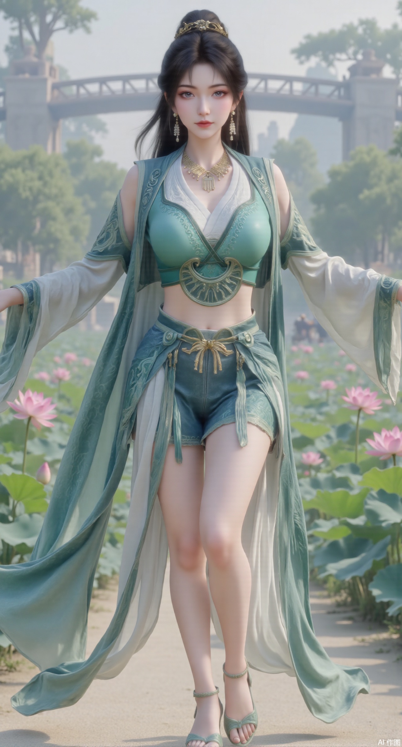 (masterpiece:1.2),best quality, (UE5.5,rendered with Unreal Engine 5,Unreal Engine 5,CG rendering), (masterpiece:1.2),,1girl,solo,standing,looking at viewer,(cowboy_shot:1.3),black hair,long hair,high heels,blurry background,depth of field,motion blur,short dress,china_dress,chinese_style,bare shouders,crystal_earrings,headpiece,hair_tie,chest_jewel,gem,necklace,jewelry,in summer,day,outdoors,nature,sea,(beach:1.4),(huge breasts:2.99),(full breasts:2.99),(lotus pond and pink lotus flowers:1.59),,(very long legs,Diamond-studded high heels:1.5),Xmupeiling,XsongyuYK,XqiyueFHK,XheguangzhefandiYK,XxiaobaiNZYK,XlimuwanJCBYK,XmeijiK,XzhouruK,XHhanfududou,XzhouruK2,XmeijiK2,XlinziyueK2,Xjinniang2,Xdunhuangfeitian,Xyinggou2,XnangongxierK2,Xnvwashenian2,XmupeilingYK,Xdaji2