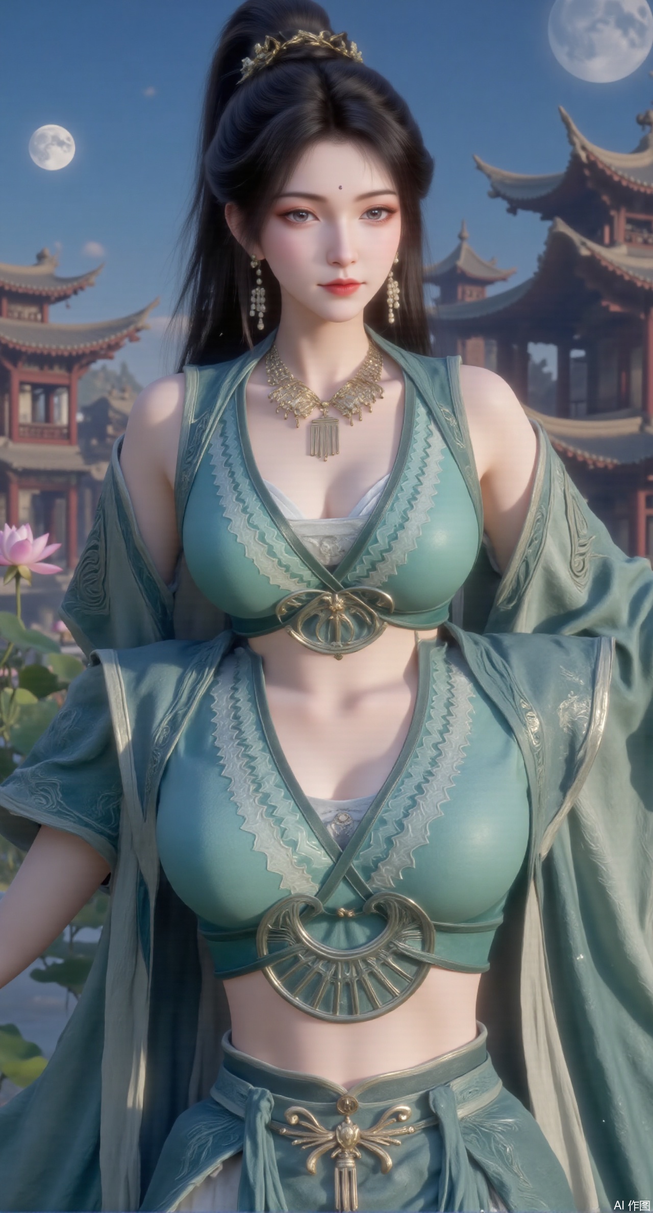 (masterpiece:1.2),best quality, (UE5.5,rendered with Unreal Engine 5,Unreal Engine 5,CG rendering),1girl, navel, solo, midriff, bare shoulders, hair ornament,(long hair),(High double ponytail:1.49), red lips, BREAK, (looking at viewer:1.39), chinese clothes,(long dress:1.36), (lace:1.28), BREAK,blurry, solo focus, long hair, lips, daytime, lipstick, outdoors, standing,upper body,(huge breasts:2.99), (full breasts:2.99),background, solo, makeup,Xyunxiao,(Lotus,Water Lily,Blue sky,full moon:1.39),(Lotus pond,ancient Chinese architecture:1.39),Xmupeiling,XsongyuYK,XqiyueFHK,XheguangzhefandiYK,XxiaobaiNZYK,XlimuwanJCBYK,XmeijiK,XzhouruK,XHhanfududou,XzhouruK2,XmeijiK2,XlinziyueK2,Xjinniang2,Xdunhuangfeitian,Xyinggou2,XnangongxierK2,Xnvwashenian2,XmupeilingYK,Xdaji2