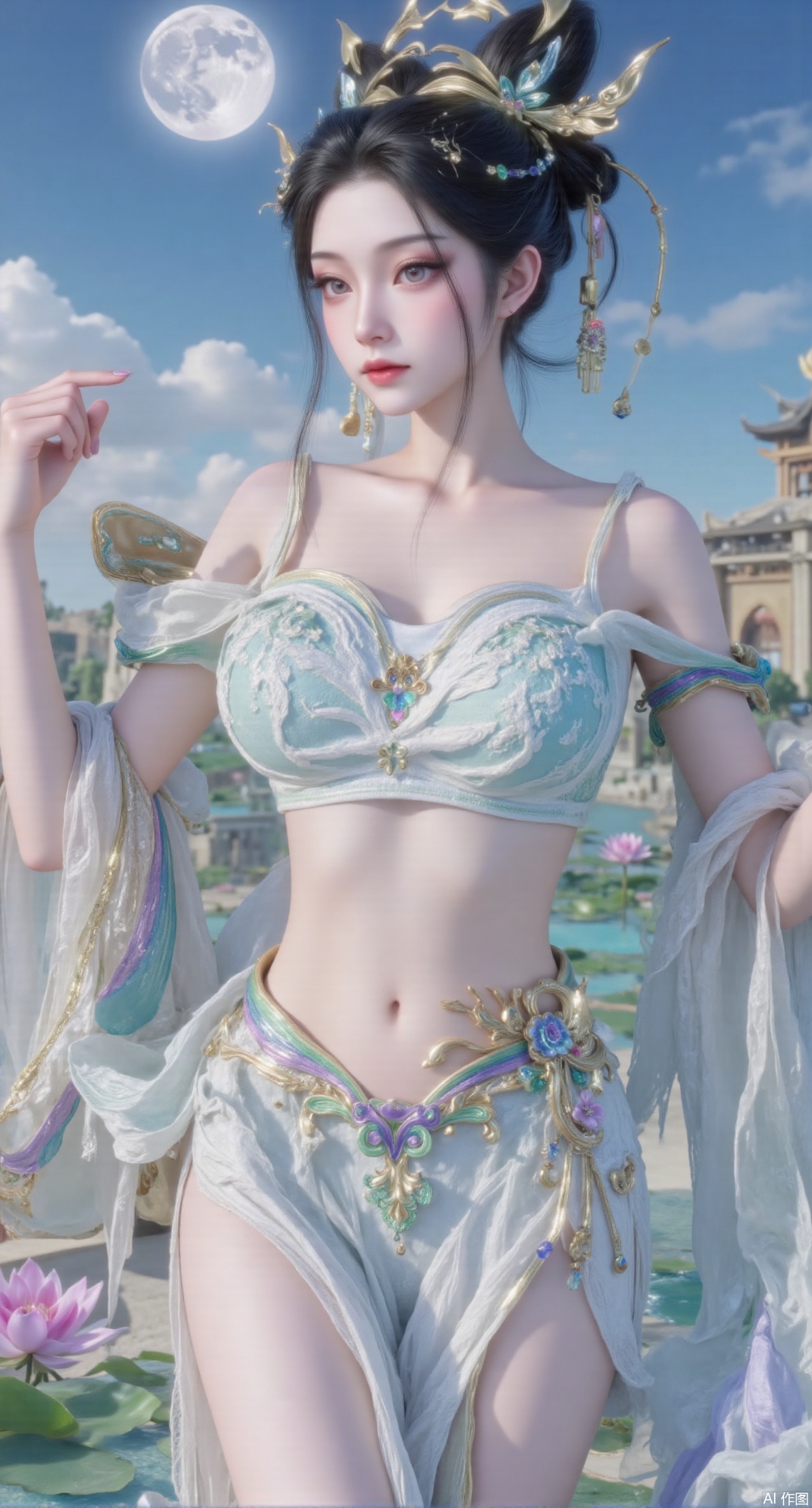 (masterpiece:1.2),best quality, (UE5.5,rendered with Unreal Engine 5,Unreal Engine 5,CG rendering),1girl, navel, solo, midriff, bare shoulders, hair ornament,(long hair),(High double ponytail:1.49), red lips, BREAK, (looking at viewer:1.39), chinese clothes,(long dress:1.36), (lace:1.28), BREAK,blurry, solo focus, long hair, lips, daytime, lipstick, outdoors, standing,upper body,(huge breasts:2.99), (full breasts:2.99),background, solo, makeup,Xyunxiao,(Lotus,Water Lily,Blue sky,full moon:1.39),(Lotus pond,ancient Chinese architecture:1.39),Xmupeiling,XsongyuYK,XqiyueFHK,XheguangzhefandiYK,XxiaobaiNZYK,XlimuwanJCBYK,XmeijiK,XzhouruK,XHhanfududou,XzhouruK2,XmeijiK2,XlinziyueK2,Xjinniang2,Xdunhuangfeitian,Xyinggou2,XnangongxierK2,Xnvwashenian2,XmupeilingYK,Xdaji2