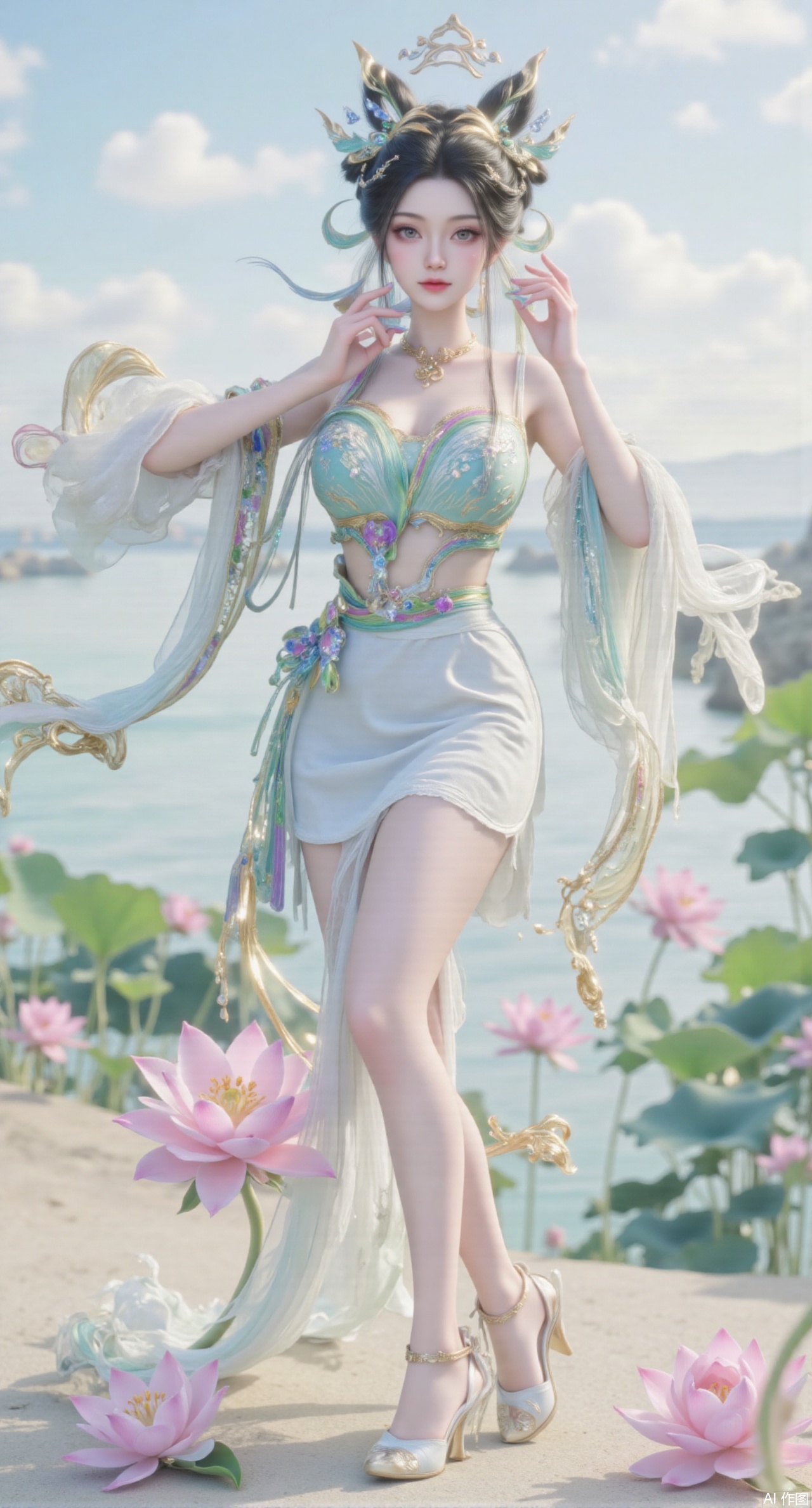 (masterpiece:1.2),best quality, (UE5.5,rendered with Unreal Engine 5,Unreal Engine 5,CG rendering), (masterpiece:1.2),,1girl,solo,standing,looking at viewer,(cowboy_shot:1.3),black hair,long hair,high heels,blurry background,depth of field,motion blur,short dress,china_dress,chinese_style,bare shouders,crystal_earrings,headpiece,hair_tie,chest_jewel,gem,necklace,jewelry,in summer,day,outdoors,nature,sea,(beach:1.4),(huge breasts:2.99),(full breasts:2.99),(lotus pond and pink lotus flowers:1.59),,(very long legs,Diamond-studded high heels:1.5),Xmupeiling,XsongyuYK,XqiyueFHK,XheguangzhefandiYK,XxiaobaiNZYK,XlimuwanJCBYK,XmeijiK,XzhouruK,XHhanfududou,XzhouruK2,XmeijiK2,XlinziyueK2,Xjinniang2,Xdunhuangfeitian,Xyinggou2,XnangongxierK2,Xnvwashenian2,XmupeilingYK,Xdaji2