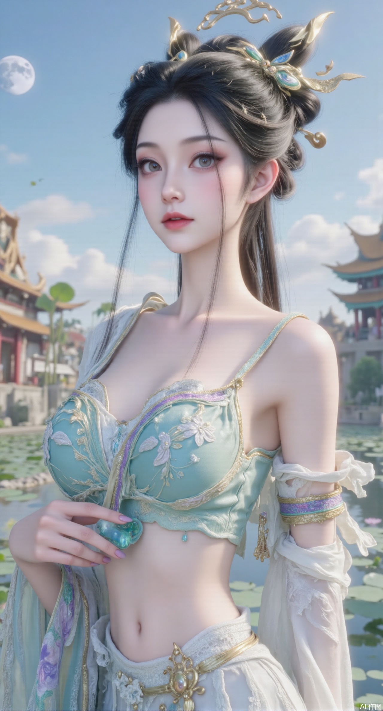 (masterpiece:1.2),best quality, (UE5.5,rendered with Unreal Engine 5,Unreal Engine 5,CG rendering),1girl, navel, solo, midriff, bare shoulders, hair ornament,(long hair),(High double ponytail:1.49), red lips, BREAK, (looking at viewer:1.39), chinese clothes,(long dress:1.36), (lace:1.28), BREAK,blurry, solo focus, long hair, lips, daytime, lipstick, outdoors, standing,upper body,(huge breasts:2.99), (full breasts:2.99),background, solo, makeup,Xyunxiao,(Lotus,Water Lily,Blue sky,full moon:1.39),(Lotus pond,ancient Chinese architecture:1.39),Xmupeiling,XsongyuYK,XqiyueFHK,XheguangzhefandiYK,XxiaobaiNZYK,XlimuwanJCBYK,XmeijiK,XzhouruK,XHhanfududou,XzhouruK2,XmeijiK2,XlinziyueK2,Xjinniang2,Xdunhuangfeitian,Xyinggou2,XnangongxierK2,Xnvwashenian2,XmupeilingYK,Xdaji2