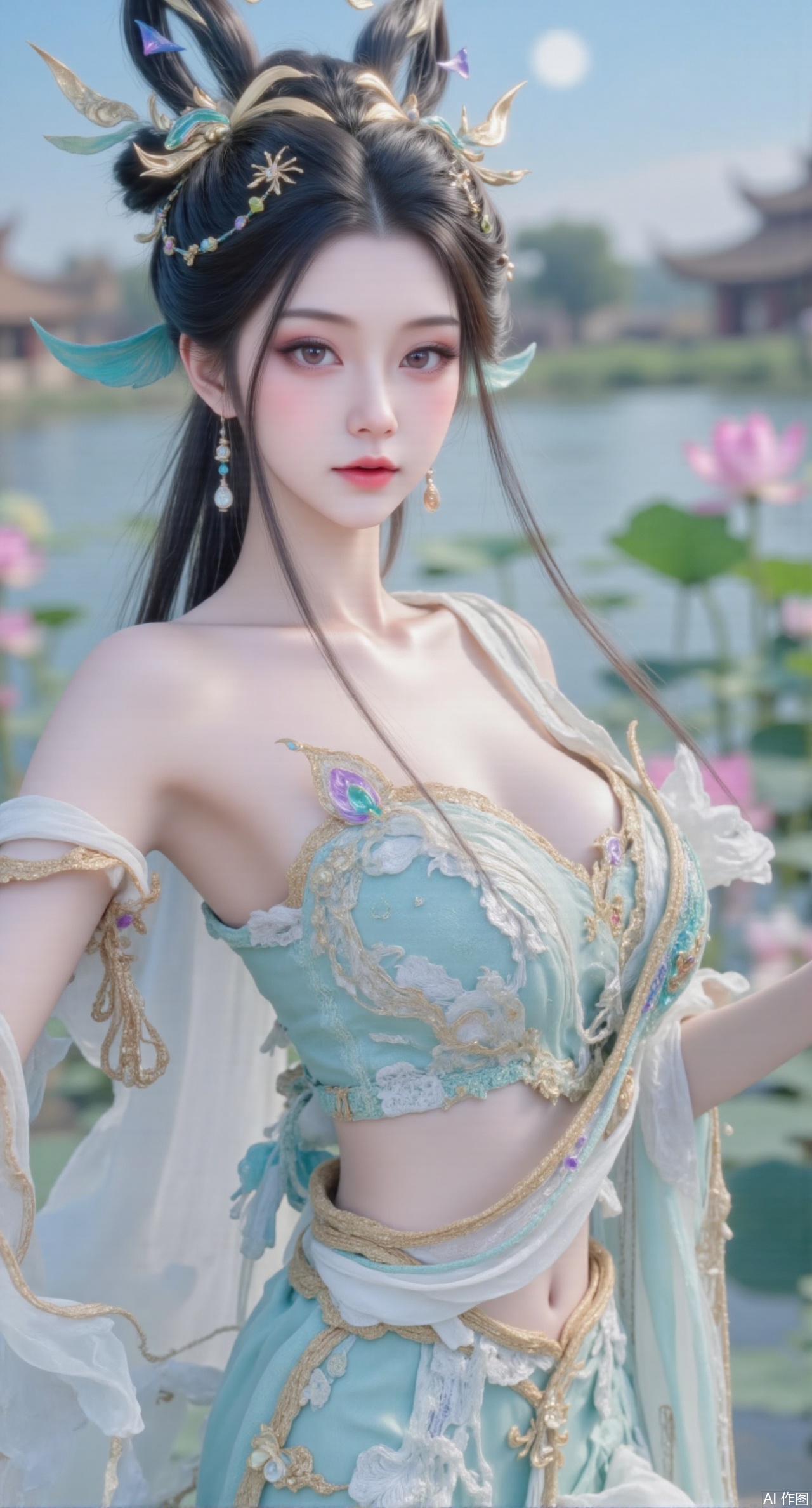 (masterpiece, best quality:1.2),1girl, navel, solo, midriff, bare shoulders, hair ornament,(long hair),(High double ponytail:1.49), red lips, BREAK, (looking at viewer:1.39), chinese clothes,(long dress:1.36), (lace:1.28), BREAK,blurry, solo focus, long hair, lips, daytime, lipstick, outdoors, standing,upper body,(huge breasts:2.99), (full breasts:2.99),background, solo, makeup,Xyunxiao,(Lotus,Water Lily,Blue sky,full moon:1.39),(Lotus pond,ancient Chinese architecture:1.39),Xmupeiling,XsongyuYK,XqiyueFHK,XheguangzhefandiYK,XxiaobaiNZYK,XlimuwanJCBYK,XmeijiK,XzhouruK,Xjinniang,Xliangpianqun,Xyinggou,Xfeitianwunv,XnangongxierK,Xbaiyuekuishouban,Xnvwashenian,XmupeilingY,Xdaji,Xyujishenian,XluxueqiX