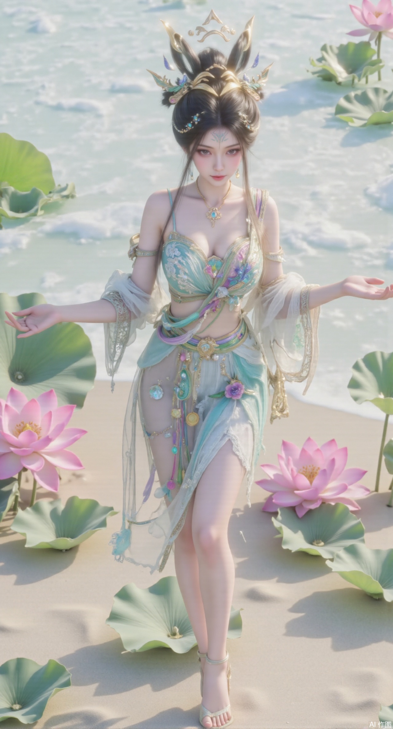  (masterpiece:1.2),best quality,(UE5.5,rendered with Unreal Engine 5,Unreal Engine 5,CG rendering:1.1),original,extremely detailed wallpaper,perfect lighting,1girl,solo,standing,(huge breasts:2.69),(full breasts:2.59),,looking at viewer,(cowboy_shot:1.1),long hair,high heels,blurry background,depth of field,motion blur,long dress,china_dress,chinese_style,bare shouders,crystal_earrings,headpiece,hair_tie,chest_jewel,gem,necklace,jewelry,in summer,day,outdoors,nature,sea,(rose,beach:1.49),(huge breasts:2.99),(full breasts:2.99),,(Background with lotus pond and pink lotus flowers:1.39),Xmupeiling,XsongyuYK,XqiyueFHK,XheguangzhefandiYK,XxiaobaiNZYK,XlimuwanJCBYK,XmeijiK,XzhouruK,Xjinniang,Xliangpianqun,Xyinggou,Xfeitianwunv,XnangongxierK,Xbaiyuekuishouban,Xnvwashenian,XmupeilingY,Xdaji,Xyujishenian,XluxueqiX