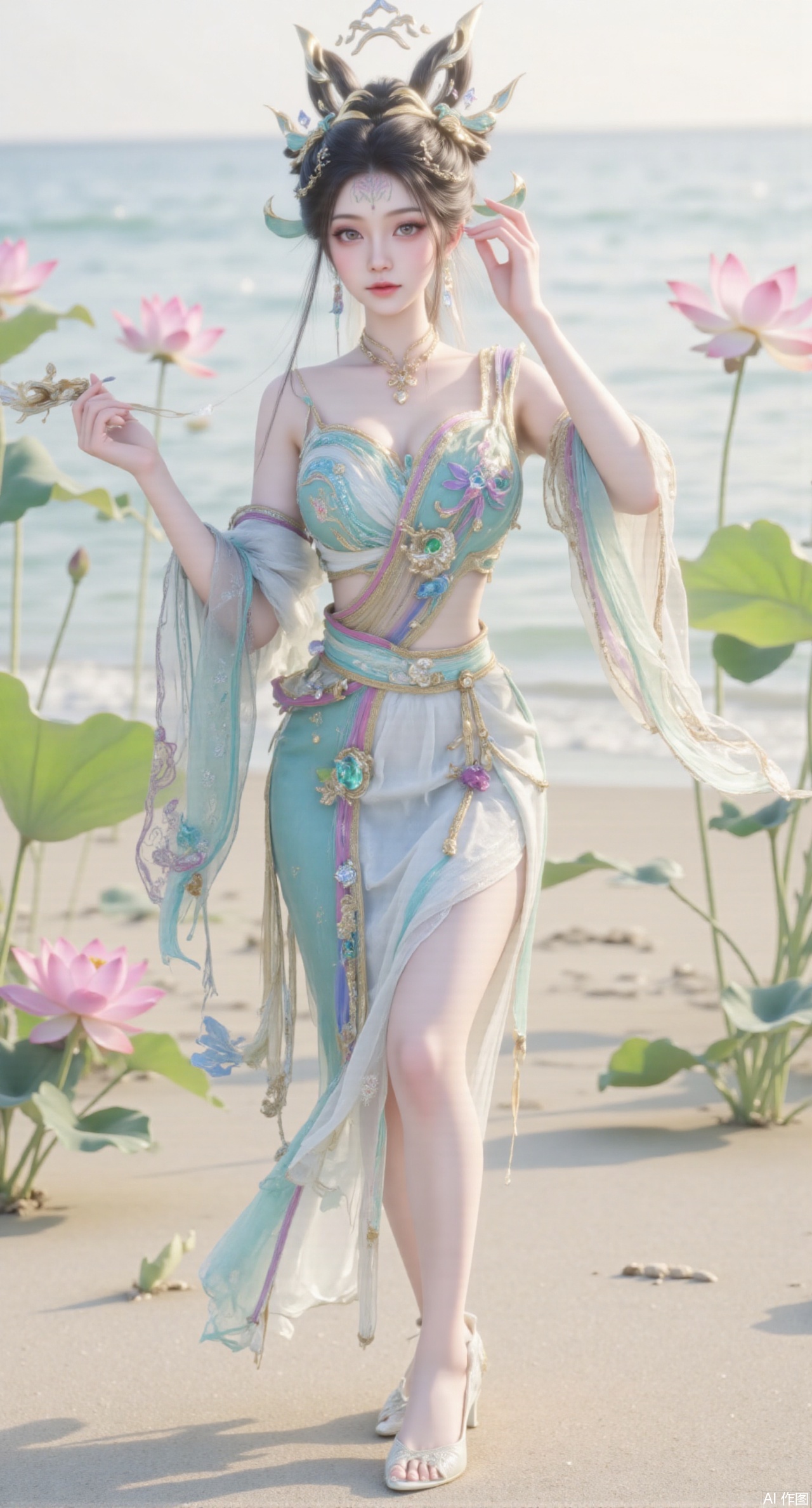  (masterpiece:1.2),best quality,(UE5.5,rendered with Unreal Engine 5,Unreal Engine 5,CG rendering:1.1),original,extremely detailed wallpaper,perfect lighting,1girl,solo,standing,(huge breasts:2.69),(full breasts:2.59),,looking at viewer,(cowboy_shot:1.1),long hair,high heels,blurry background,depth of field,motion blur,long dress,china_dress,chinese_style,bare shouders,crystal_earrings,headpiece,hair_tie,chest_jewel,gem,necklace,jewelry,in summer,day,outdoors,nature,sea,(rose,beach:1.49),(huge breasts:2.99),(full breasts:2.99),,(Background with lotus pond and pink lotus flowers:1.39),Xmupeiling,XsongyuYK,XqiyueFHK,XheguangzhefandiYK,XxiaobaiNZYK,XlimuwanJCBYK,XmeijiK,XzhouruK,Xjinniang,Xliangpianqun,Xyinggou,Xfeitianwunv,XnangongxierK,Xbaiyuekuishouban,Xnvwashenian,XmupeilingY,Xdaji,Xyujishenian,XluxueqiX
