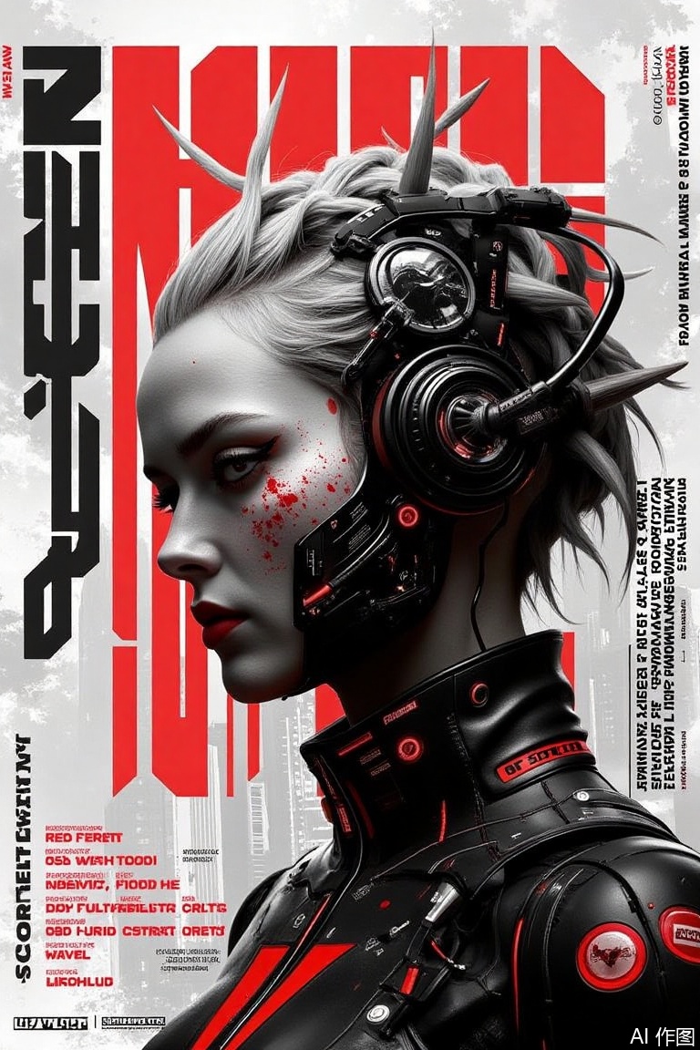 The image is a digital art piece that appears to be a promotional poster for a video game
It features a close-up of a woman's face and upper body, with a futuristic and futuristic design
The woman has blonde hair styled in a braided updo with spikes on top, and her face is covered in red and black paint splatters
She is wearing a black and red suit with a large headpiece that covers her entire body
The headpiece is made up of various mechanical components, including a large earpiece, a microphone, and a control panel
The background is a cityscape with tall buildings and skyscrapers
The overall color scheme of the image is black, red, and white, with some red accents
The image has a futuristic feel to it, with bold lines and geometric shapes.