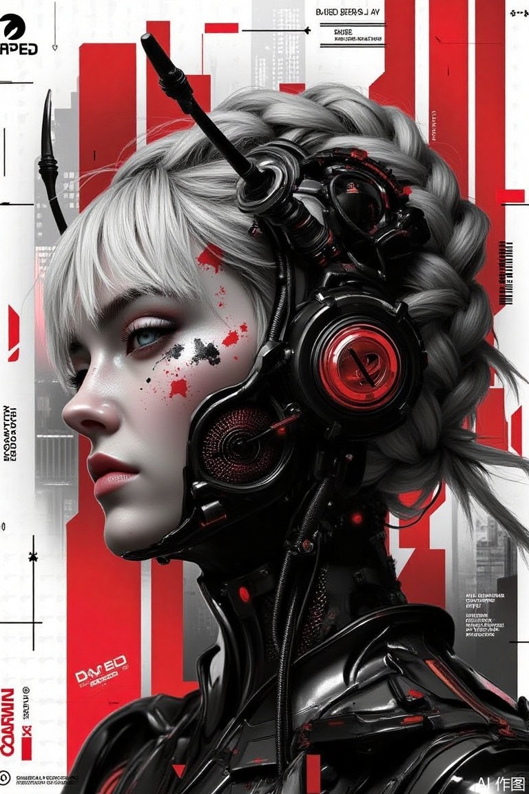 The image is a digital art piece that appears to be a promotional poster for a video game
It features a close-up of a woman's face and upper body, with a futuristic and futuristic design
The woman has blonde hair styled in a braided updo with spikes on top, and her face is covered in red and black paint splatters
She is wearing a black and red suit with a large headpiece that covers her entire body
The headpiece is made up of various mechanical components, including a large earpiece, a microphone, and a control panel
The background is a cityscape with tall buildings and skyscrapers
The overall color scheme of the image is black, red, and white, with some red accents
The image has a futuristic feel to it, with bold lines and geometric shapes.
