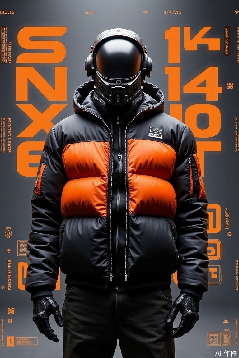 The image shows a man standing in front of a dark grey background with orange text and numbers
He is wearing a black and orange puffer jacket with a hood and a helmet with a visor
The jacket has a zipper closure and two pockets on the front
The man is also wearing black gloves and is holding a gun in his right hand
The text on the background reads "103.14" and "1/4/15" in white letters
There are also orange numbers and symbols scattered throughout the image, likely representing the time and date of the event
The overall mood of the image is futuristic and futuristic.