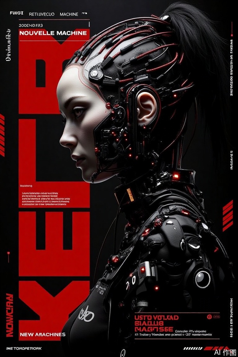 The image is a digital art piece that appears to be a promotional poster for a new machine
The background is black and the main focus is a close-up of a woman's face
The woman is wearing a futuristic-looking outfit with a black and red color scheme
She has a large headpiece that covers her entire face and neck, and her hair is styled in a high ponytail
The headpiece is made up of various electronic components, including wires, cables, and sensors. The woman's expression is serious and her eyes are focused on something in the distance
The text on the poster reads "Nouvelle Machine" in white letters, with the words "NOUVELLE MACHINE" in red letters above her head
Below the text, there is a smaller text that reads "NEW MACHINES" in black letters
The overall design of the poster is futuristic and futuristic, with a mix of red and black colors. - The overall tone of the image is dark and ominous, conveying a sense of power and power.