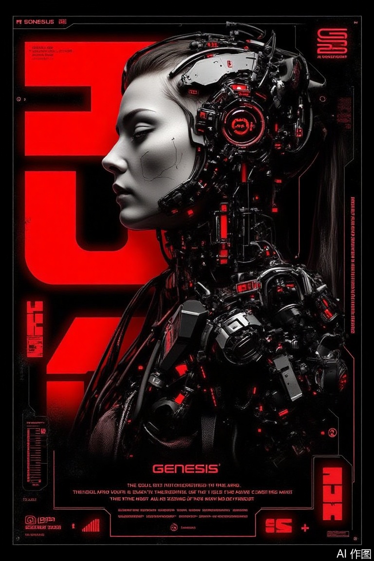 The image is a digital poster for a sci-fi movie titled "Soul"
The background is black with red and white text that reads "Genesis" in large, bold letters
The main focus of the poster is a close-up of a woman's face, with her eyes closed and her head tilted slightly to the side
She is wearing a futuristic-looking helmet with a red and black design on it
The helmet is made up of various electronic components, including wires, cables, and other mechanical components
The woman's hair is styled in a sleek, futuristic manner, and she appears to be looking off into the distance. The overall mood of the image is dark and ominous, with a sense of mystery and intrigue
The text on the poster reads "The soul is not confined to the power of the mind, but it is the only thing that matters most." There is also a signature in the bottom right corner, which is likely the artist's signature
The overall tone of the design is dark, futuristic, and ominous.