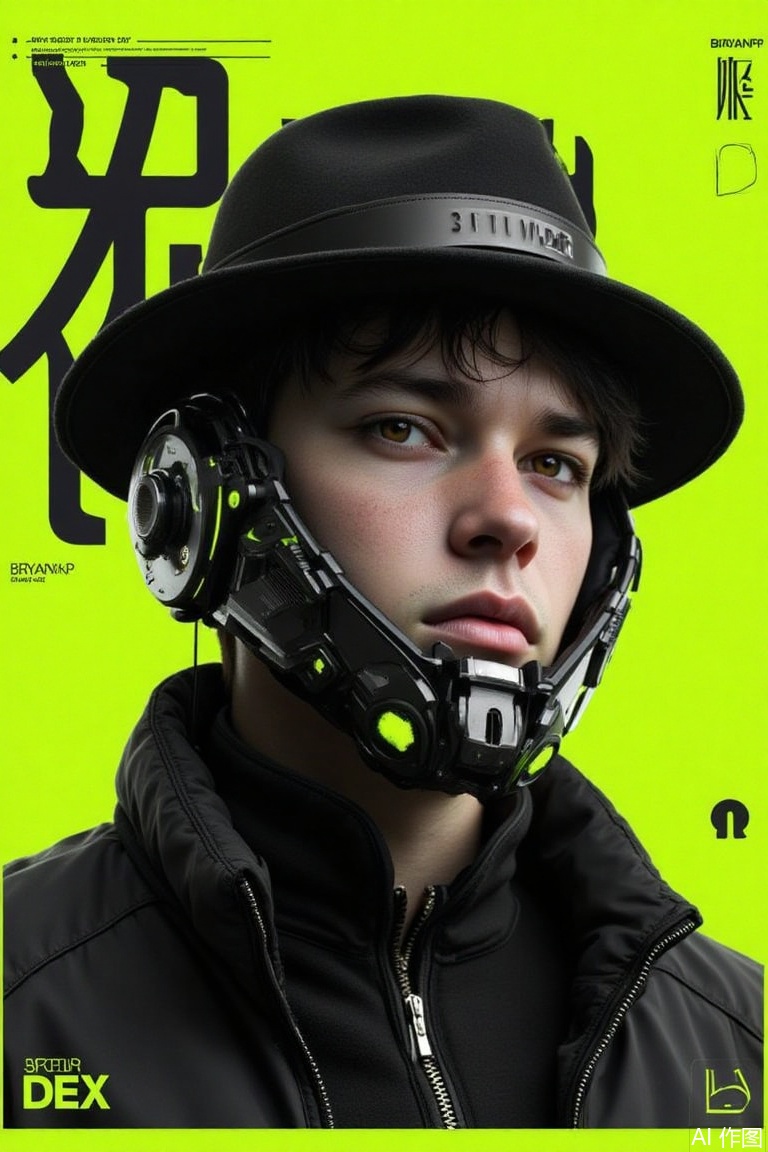 The image is a digital art piece that features a portrait of a young man wearing a futuristic-looking helmet with the word "DEX" written on it
The helmet is black with green accents and has a futuristic design
The man is wearing a black hat with a wide brim and a black jacket
He has a serious expression on his face and is looking directly at the camera
The background is a bright yellow color with black text that reads "BryanKp" in Japanese
The overall aesthetic of the image is futuristic and edgy.