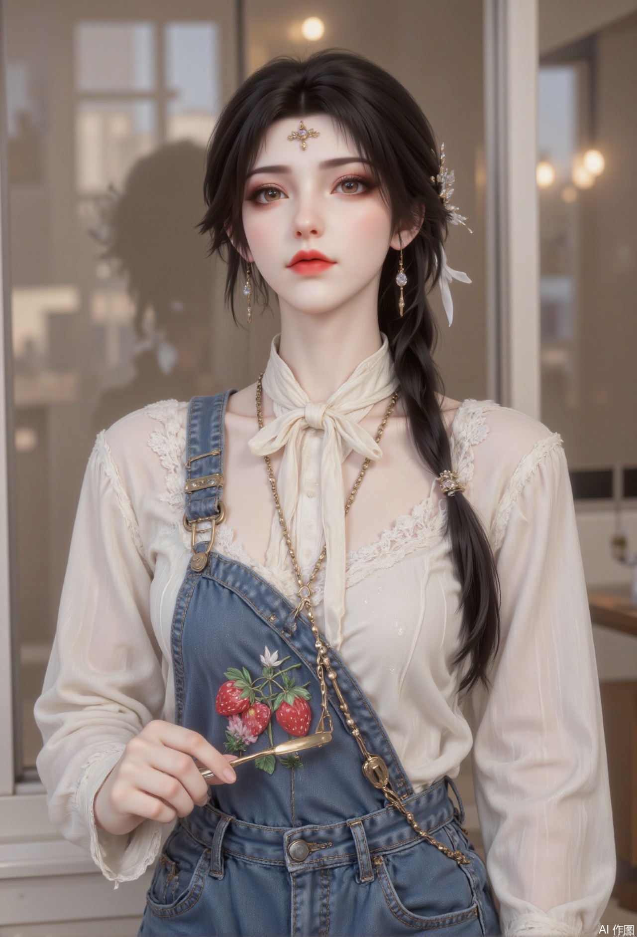 The 21-year-old girl is wearing a cucumber striped shirt with a bow ribbon on the neckline, a high-waisted denim overalls underneath, and strawberry embroidery on the trouser legs. The outer cover is short lace-edged vest, and brass candy buckle waist chain is hung around the waist. The ebony long black hair is tied into a pair of ponytails and droops to the waist, with cream-colored hairbands wrapped around the hair, and the earrings are in a crystal strawberry shape. She stood in front of the glass window of the dessert shop and stirred milk tea. The morning light penetrated the lace and refracted soft light on the denim fabric.