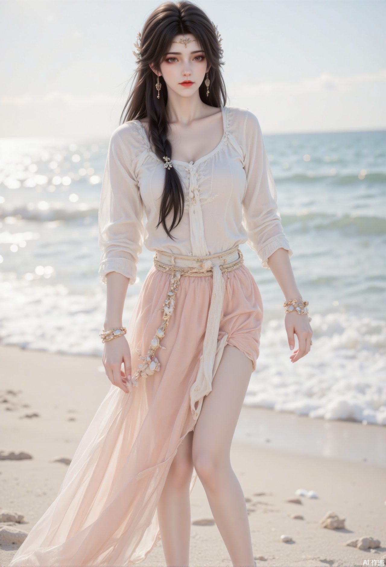 The 20-year-old girl is wearing a moon-white linen blouse, with a light pink tulle slit skirt on the outside, the hem is covered with shells and pearl chains, and straw-woven fish bone waist chains are tied around her waist. The ebony long black hair is braided into a fishbone braid and droops to the waist, the end of the hair is wrapped in starfish-shaped resin hairpins, and the earrings are hollowed out in coral branches. She stepped barefoot on the beach to pick up shells, and the tidal halo penetrated the tulle and refracted soft light on the linen fabric.