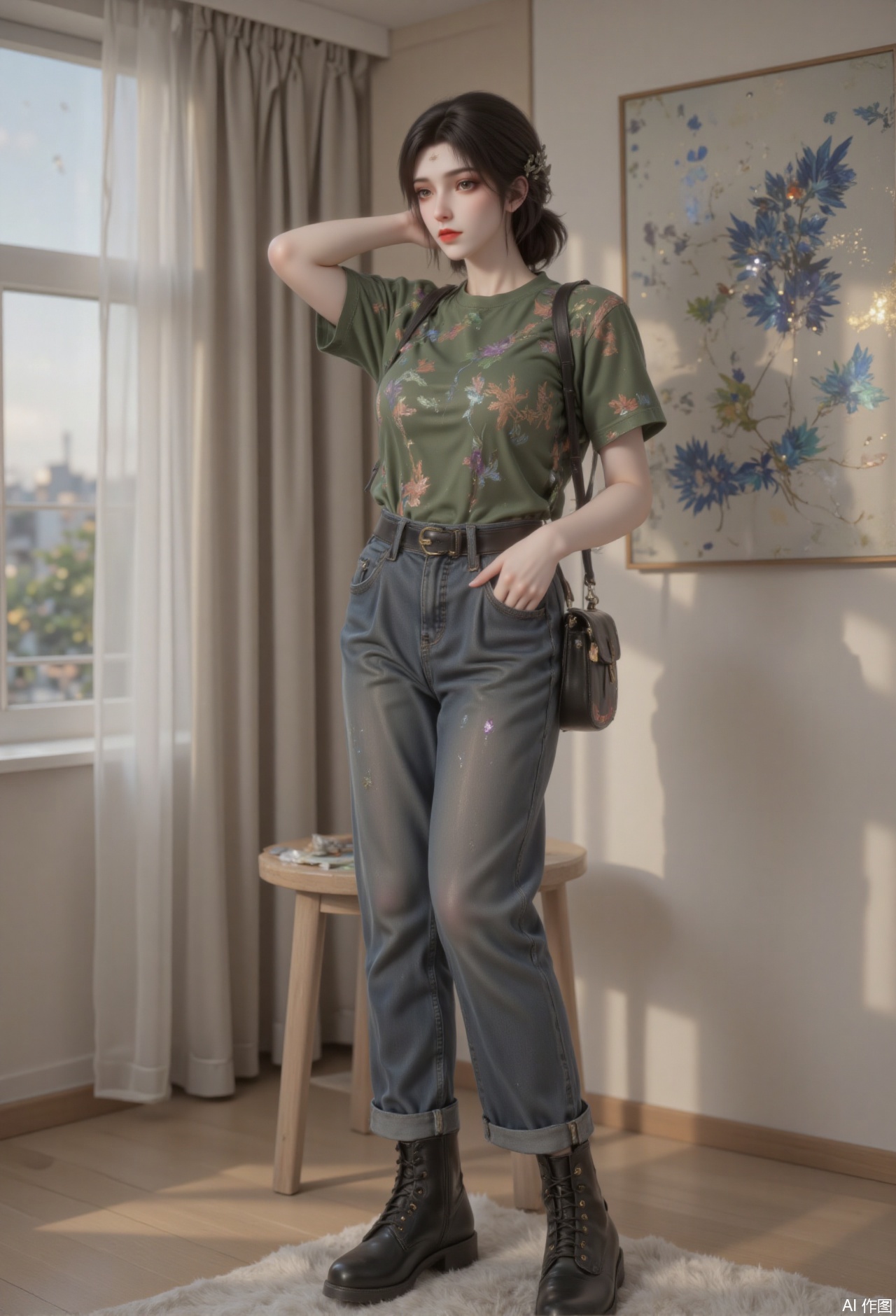 The 22-year-old girl is wearing a moss-green jacquard cotton one-piece workwear, an indigo tie-dyed round neck shirt, and a removable pigment box waist bag at her waist. The legs of the trouser are stained with acrylic gradients, the feet are made of old canvas Martin boots, and the shoelaces are wrapped in oil brush shape decoration. Black hair is tied into a fluffy bun, wooden palette hairpins are inserted between the hair, and neon paint stains are left on the back of the hand. She held a brush and stared at the canvas. The sunset light penetrated the linen curtains and projected fern silhouettes on the jacquard pattern. The 3D rendering highlighted the slightness of cotton and tie-dye iridescent gradients. The floating pigment particles condensed into constellations in the air.