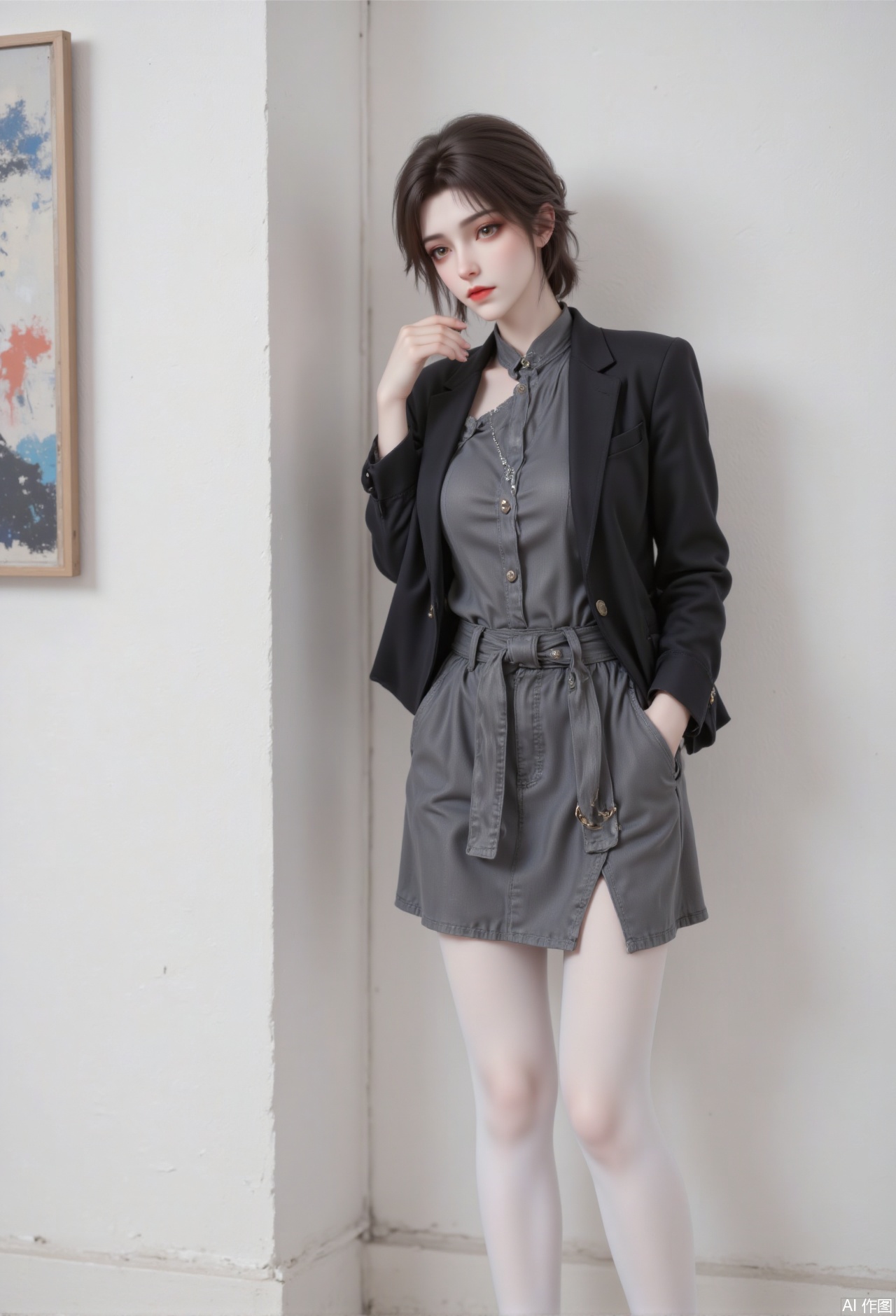 The 20-year-old cold-sex girl was wearing a cement grey stand-collar shirt skirt, with a wide belt of pleated colors tied around her waist, and the skirt was asymmetrically cut to reveal her slender legs wearing white mid-stockings. Wear an oversize black suit jacket on the outside, and the shoulder lines naturally hang to form a lazy outline. Short linen brown hair is trimmed to the jawline, the ends of the hair are naturally slightly curled, and extremely thin silver chains are tied between the neck. She leaned against the pure white wall of the art gallery, staring at the abstract painting with her hands in her pockets.