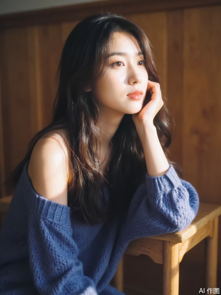 A photo-realistic shoot from a profile camera angle about a young woman sitting on a wooden chair, wearing a blue knitted sweater. the image also shows soft lighting and warm tones, creating a serene atmosphere. on the middle of the image, a 20 years old asian woman with light skin and long brown hair, who appears to be looking to the side with a thoughtful expression. she is sitting with her hand resting on the wooden chair. her hair is styled in long hair and falls down her back. her eyes are brown and looking directly at the viewer. she has a slim body and is wearing a loose, off-the-shoulder blue sweater. her expression is calm and contemplative. the background is a wooden wall with sunlight casting a warm glow on her face.

1girl, solo, long hair, looking at viewer, black hair, dress, bare shoulders, sitting, brown eyes, sweater, indoors, off shoulder, lips, hand on own chin, blurry, chair, sunlight, blue sweater, nose, realistic, photorealistic,jp