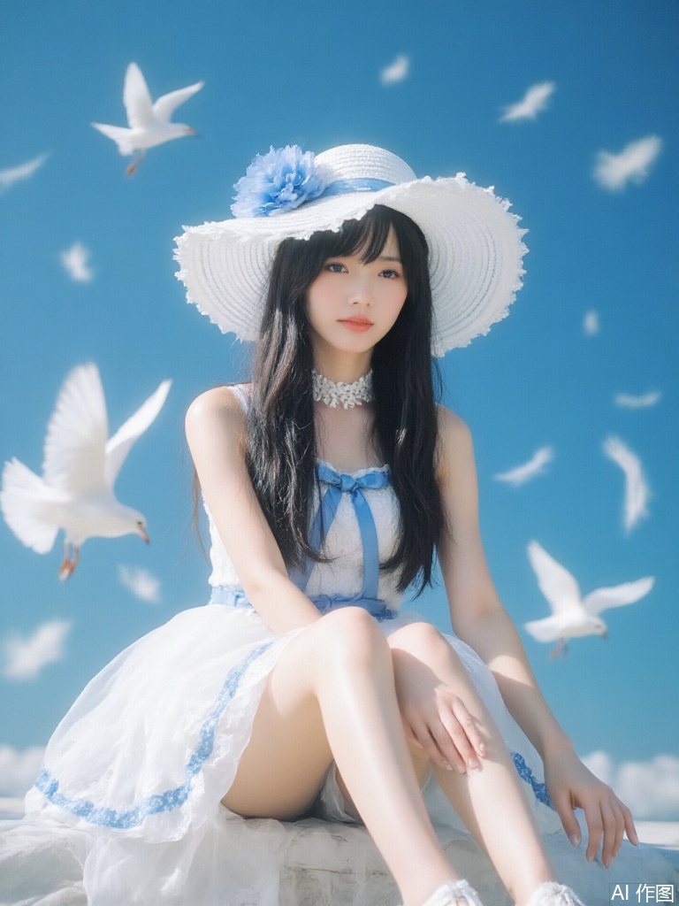Create a film-style photo of a beautiful woman with long black hair styled with a large white hat adorned with a blue ribbon and blue flowers. She wears a white dress with blue lace details,a blue bow at the waist, and white high-heeled shoes. Her pose is elegant as she sits with crossed legs, hands resting on her knees. The background features a clear blue sky with white birds flying around, adding a sense of freedom and lightness. Soft natural light illuminates the scene, highlighting the textures of her dress and the delicate details of her accessories. The atmosphere is serene and dreamy, with a few feathers floating in the air.jp