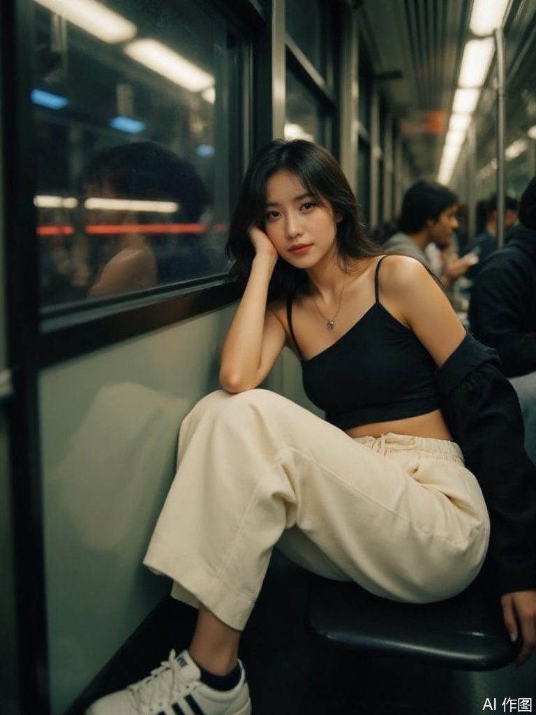 A cinematic subway portrait using chiaroscuro lighting, featuring a woman in a minimalist modern outfit seated by the window. She wears crisp white sneakers (Pantone 11-4001) with black leather accents, crossed at the ankle as she sits relaxed. Her attire includes a high-waisted ivory paperbag trousers (#FFFFF0) paired with a deep black asymmetrical crop top that drapes diagonally across her torso, revealing a sliver of toned midriff. The composition leverages the train window as a natural frame: outside darkness streaked with blurred tunnel light trails creates dynamic motion blur (1/15s shutter speed), while interior lighting casts warm highlights on her face and cold shadows under her chin. Her black hair cascades over one shoulder as she leans elbow-on-window, hand cradling cheek in a contemplative pose, lips slightly parted showing natural teeth texture. Background elements include shallow depth of field (f/1.4) blurring passengers into color blocks, reflections of overhead LED lights in the glass forming geometric patterns near her collarbone, and subtle lens flare from tunnel signals piercing through the window's anti-glare coating.jp