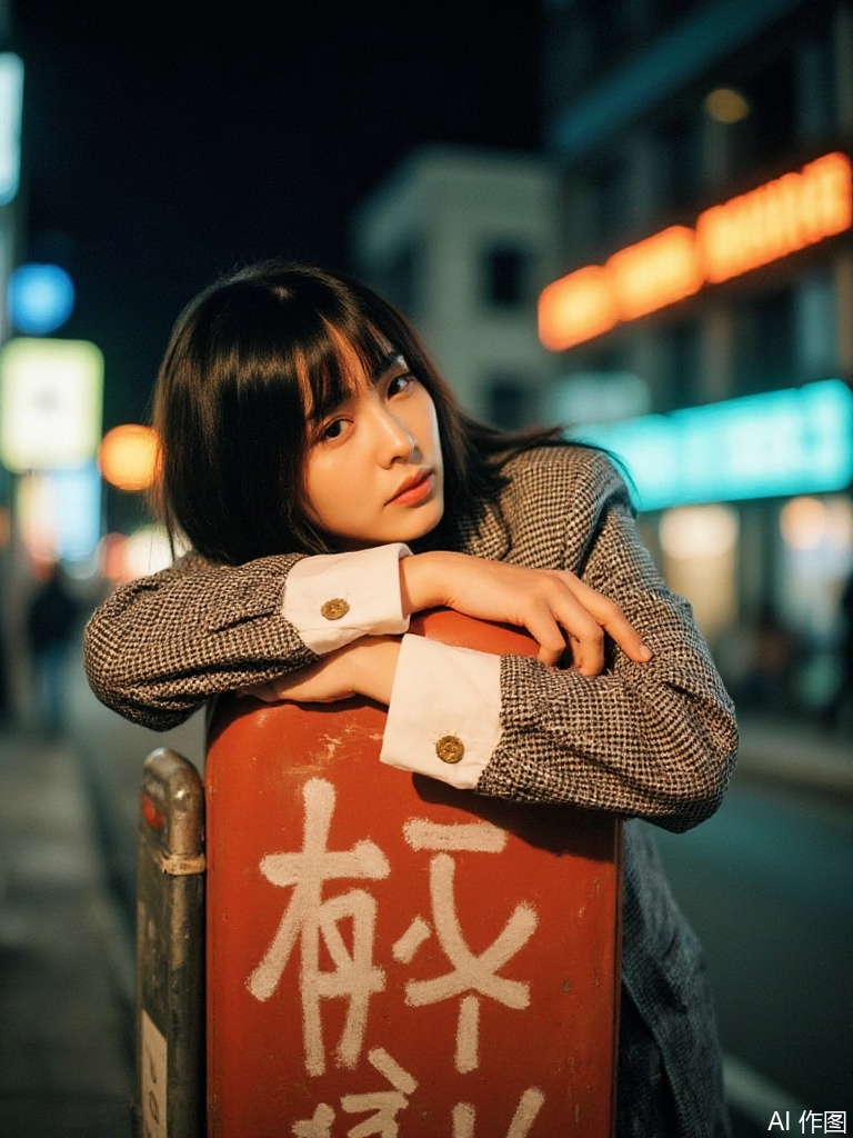 35mm film photography style, capturing an urban night scene. A woman with straight black hair (blunt bangs, shoulder - length) leans over a graffiti - covered red street sign, arms crossed on top of the sign, head resting sideways on her arms. She wears a black - and - white checkered blazer with white cuffs and gold buttons. The background features blurred city buildings and glowing neon strips (orange and teal hues). Lighting: warm orange side - light illuminates her face and shoulder, with cool blue ambient light creating contrast. Composition: low - angle mid - shot to emphasize the interaction between her and the sign, with bokeh from neon lights in the background. Include 35mm film grain, vintage color cast (warm oranges and cool teals), and soft highlight roll - off. Focus on textures: the checkered pattern of the blazer, the worn graffiti on the sign, and the natural skin texture with subtle shadows under her eyes for a slightly languid expression.jp