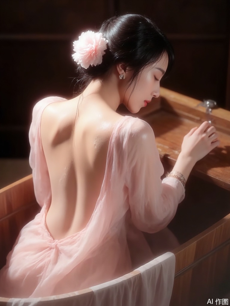 A photo-realistic shoot from a profile camera angle about a serene woman sitting in a bathtub, with water droplets on her skin and a flower in her hair. the image also shows soft lighting and a warm atmosphere. on the middle of the image, a 1woman, who appears to be in her early twenties, with fair skin, closed eyes, and a calm expression, is sitting with her back to the camera, facing away from the viewer. she is wearing a sheer, light pink dress that is partially wet, revealing her bare shoulders and medium-sized breasts. her hair is styled in a single hair bun with a pink flower, and she has a slender physique. the woman is positioned in the center of the frame, with a wooden bathtub in the background. the lighting is soft and warm, casting gentle shadows on her body, and the atmosphere is intimate and sensual.

1girl, solo, breasts, large breasts, black hair, hair ornament, closed mouth, jewelry, sitting, medium breasts, nipples, flower, earrings, sweat, parted lips, indoors, hair flower, from behind, water, bracelet, wet, see-through, back, wet clothes, bath, bathtub，jp