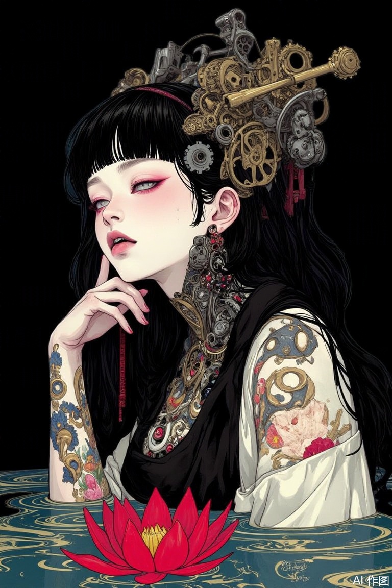 The image is a digital illustration of a young woman with long black hair and tattoos on her arms and chest
She is wearing a black and white kimono with a floral pattern and has a large headpiece with intricate designs on it
The headpiece appears to be made of metal and has multiple gears and other mechanical components
The woman is resting her head on her hand and is looking off to the side with a peaceful expression on her face
In front of her, there is a red lotus flower floating on the water
The background is black, making the woman and the flower stand out
The overall mood of the image is serene and contemplative.