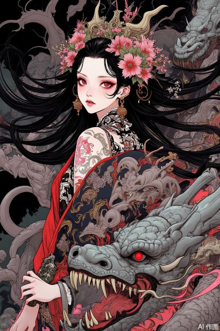 The image is an illustration of a young woman with long black hair and red eyes
She is wearing a traditional Japanese outfit with intricate patterns and designs on her body
Her hair is styled in loose waves and cascades over her shoulders
She has a crown of flowers on her head and is holding a sword in her right hand. In front of her, there is a large dragon with its mouth open, as if it is roaring
The dragon's body is covered in scales and its eyes are glowing red
The background is dark and there are swirls and patterns around the woman and the dragon
The overall mood of the image is fierce and powerful.