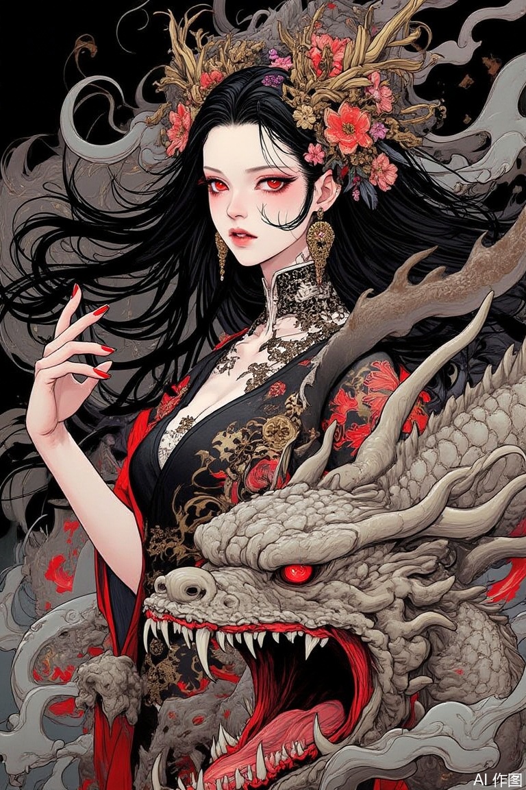 The image is an illustration of a young woman with long black hair and red eyes
She is wearing a traditional Japanese outfit with intricate patterns and designs on her body
Her hair is styled in loose waves and cascades over her shoulders
She has a crown of flowers on her head and is holding a sword in her right hand. In front of her, there is a large dragon with its mouth open, as if it is roaring
The dragon's body is covered in scales and its eyes are glowing red
The background is dark and there are swirls and patterns around the woman and the dragon
The overall mood of the image is fierce and powerful.