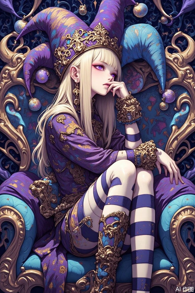 The image is a digital illustration of a young woman sitting on a throne-like structure
She is wearing a colorful outfit with intricate patterns and designs
The woman has long blonde hair and is holding a sword in her right hand
She has a jester hat on her head with a large purple and blue feather on top
The hat is decorated with intricate designs and patterns. The woman is sitting on the throne with her legs crossed and her arms resting on her knees
She appears to be deep in thought, with a serious expression on her face
The background is filled with a variety of colors and shapes, including blue, purple, and gold
The overall style of the illustration is reminiscent of a fantasy or fairy tale.