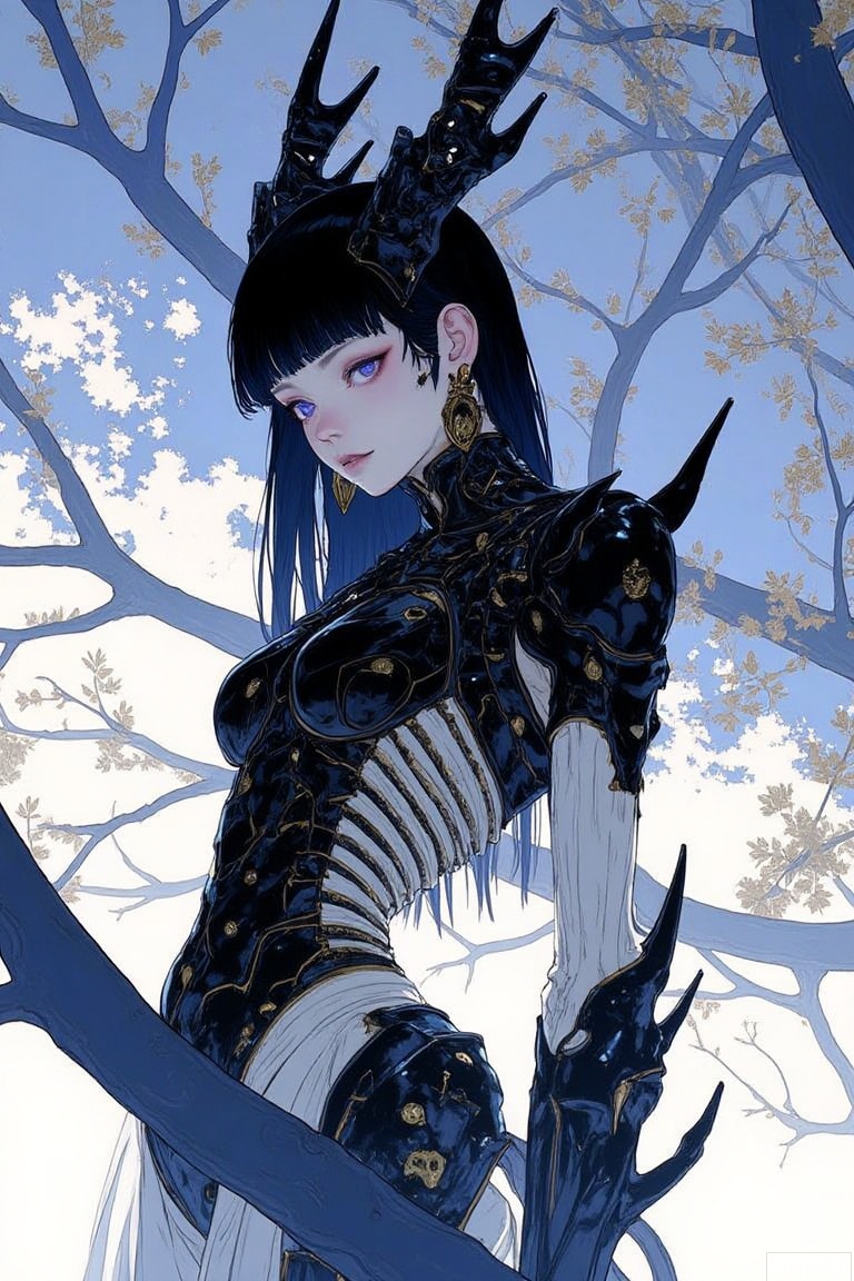 The image is an illustration of a young woman with long black hair and blue eyes
She is standing in a tree with bare branches and blue leaves
The woman is wearing a black and gold outfit with intricate details and patterns
She has a large headpiece with horns on top, which appears to be made of metal or a similar material
The outfit has a high neckline and long sleeves, and the woman is holding a sword in her right hand
The background is a pale blue sky with white clouds
The overall mood of the image is dark and mysterious.
