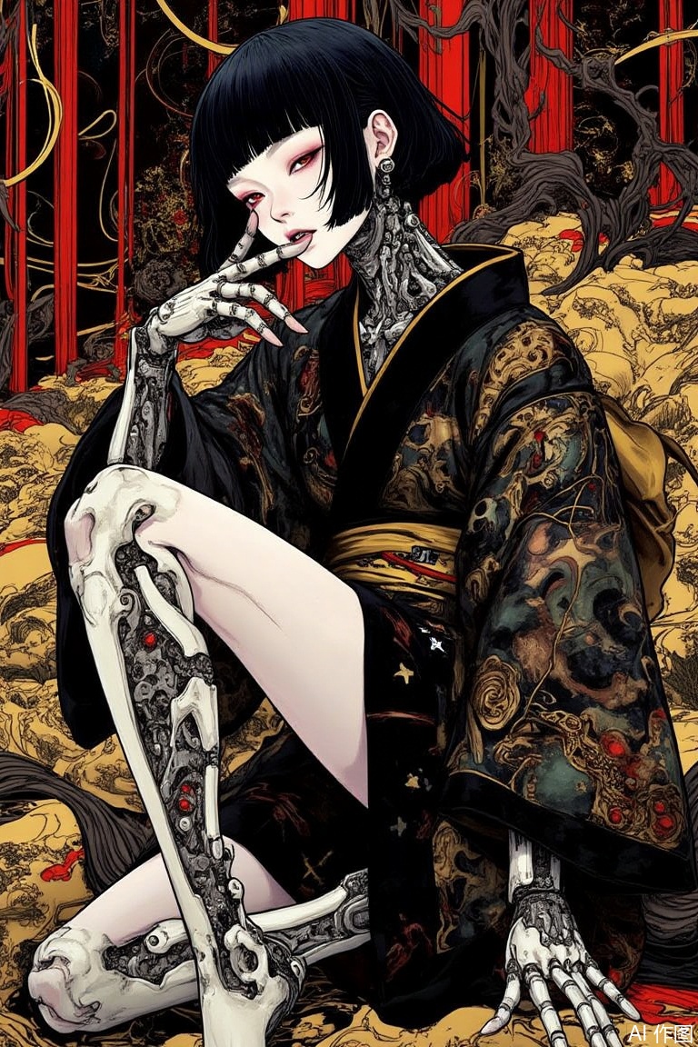 The image is a digital illustration of a woman with black hair and red eyes
She is wearing a black and gold kimono with intricate patterns and designs
The woman is sitting on the ground with her legs crossed and her hands resting on her knees
She has a robotic arm with multiple fingers and claws
The background is filled with red and gold lines and shapes, creating a chaotic and futuristic atmosphere
The overall mood of the image is dark and mysterious.