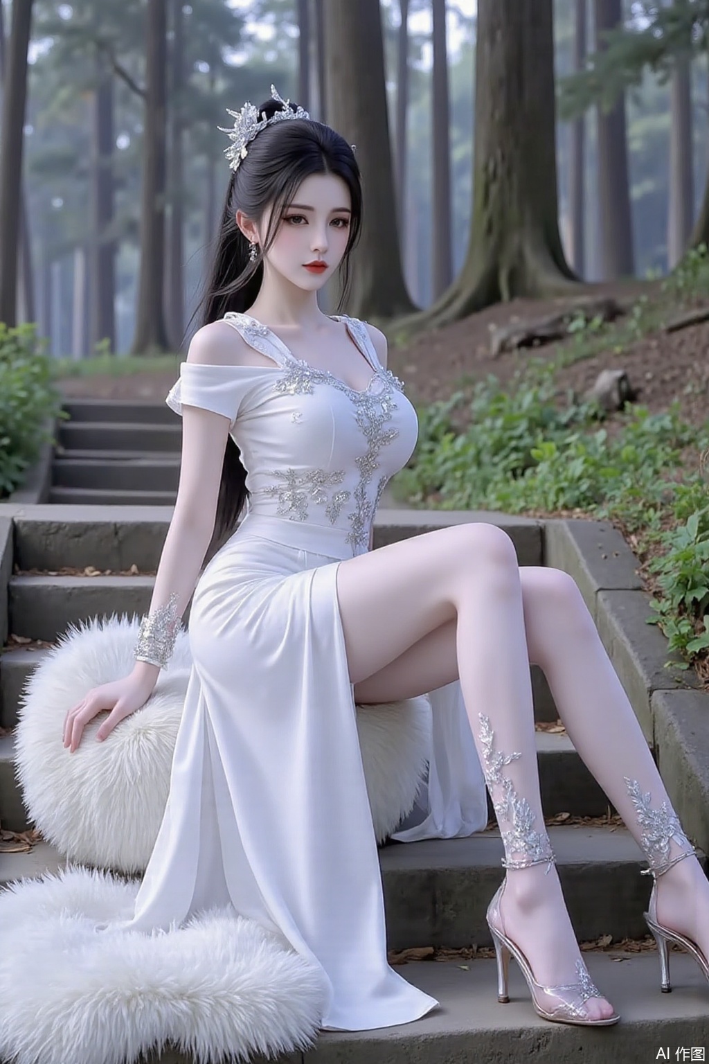 Real photography, full body,high quality, masterpiece, a girl, wearing a jk sailor uniform,Elegant sitting posture, legs stretched straight and crossed, white short-sleeved white skirt, fluffy carpet, black high ponytail, white floral pantyhose, barefoot a serene and ethereal scene where a woman is sitting on stone steps in a misty forest. She is dressed in a flowing, light-colored gown adorned with delicate, sparkling embellishments. Her long, dark hair is styled elegantly, and she is barefoot, with intricate anklets and bracelets featuring feathers and beads. The atmosphere is tranquil, with soft fog and tall trees in the background, creating a mystical and peaceful ambiance...cy,yyzs,sw,mn,fgxp,xz,shenjiao