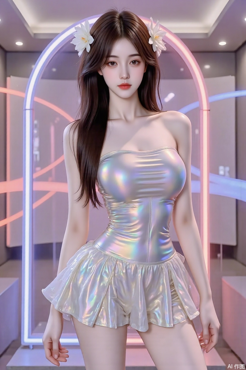 The image is a 3D rendering of a young woman posing in a futuristic outfit She is standing on a stage with a rainbow-colored background The woman is wearing a strapless, metallic bodysuit with a sweetheart neckline and a ruffled skirt that falls below her knees The bodysuits are covered in a shiny, iridescent material that reflects the light and creates a rainbow effect She has long dark hair styled in loose waves and a small flower in her hair The overall aesthetic of the image is futuristic and edgy., yyzs, sw,mn,fgxp,xz,