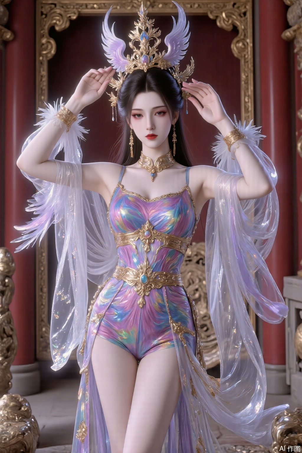 Cultivation style, a girl standing in the palace, sexy pose, elegant pose, colorful clothes, feathered clothes, phoenix crown and robe, .em,gd,xz,cy,yyzs,mn,sw,fgxp