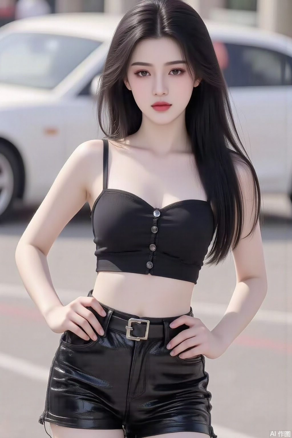 5 girl. She is standing with her body slightly turned to the side, with her hands on her hips and her head tilted slightly to the left. She has long dark hair styled in loose waves and is wearing a black crop top with a silver buckle on the front. The top is strapless and has a sweetheart neckline. The woman is also wearing a pair of black sequin shorts with a high-waisted fit. She appears to be confident and fashionable. The background shows a parking lot with cars parked in the distance..cy,yyzs,sw,mn,fgxp,xz,