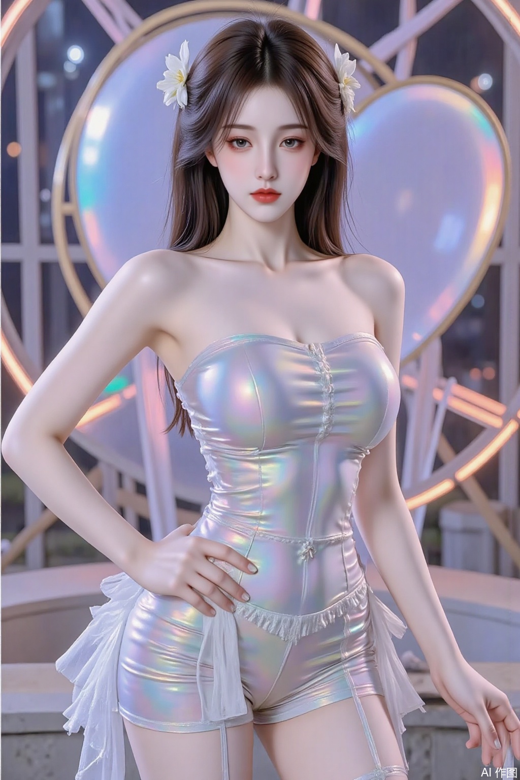 The image is a 3D rendering of a young woman posing in a futuristic outfit She is standing on a stage with a rainbow-colored background The woman is wearing a strapless, metallic bodysuit with a sweetheart neckline and a ruffled skirt that falls below her knees The bodysuits are covered in a shiny, iridescent material that reflects the light and creates a rainbow effect She has long dark hair styled in loose waves and a small flower in her hair The overall aesthetic of the image is futuristic and edgy., yyzs, sw,mn,fgxp,xz,