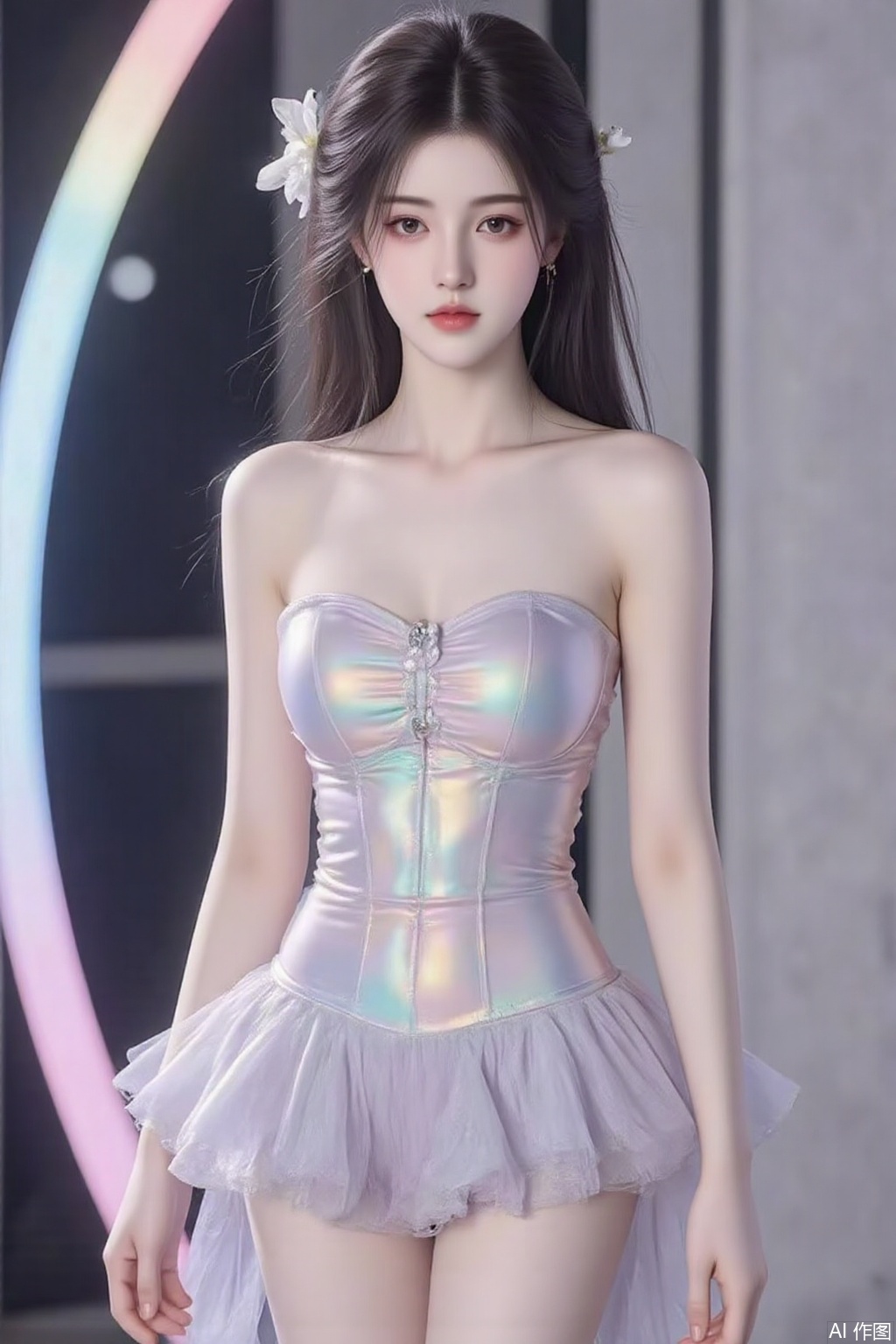 The image is a 3D rendering of a young woman posing in a futuristic outfit She is standing on a stage with a rainbow-colored background The woman is wearing a strapless, metallic bodysuit with a sweetheart neckline and a ruffled skirt that falls below her knees The bodysuits are covered in a shiny, iridescent material that reflects the light and creates a rainbow effect She has long dark hair styled in loose waves and a small flower in her hair The overall aesthetic of the image is futuristic and edgy., yyzs, sw,mn,fgxp,xz,