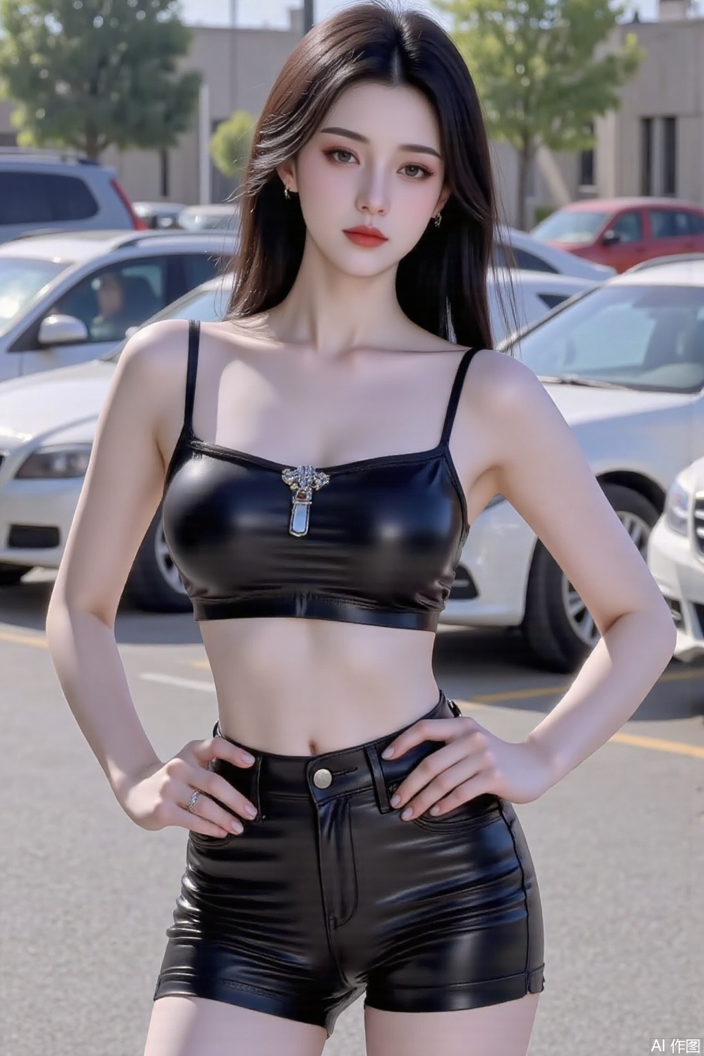 5 girl. She is standing with her body slightly turned to the side, with her hands on her hips and her head tilted slightly to the left. She has long dark hair styled in loose waves and is wearing a black crop top with a silver buckle on the front. The top is strapless and has a sweetheart neckline. The woman is also wearing a pair of black sequin shorts with a high-waisted fit. She appears to be confident and fashionable. The background shows a parking lot with cars parked in the distance..cy,yyzs,sw,mn,fgxp,xz,