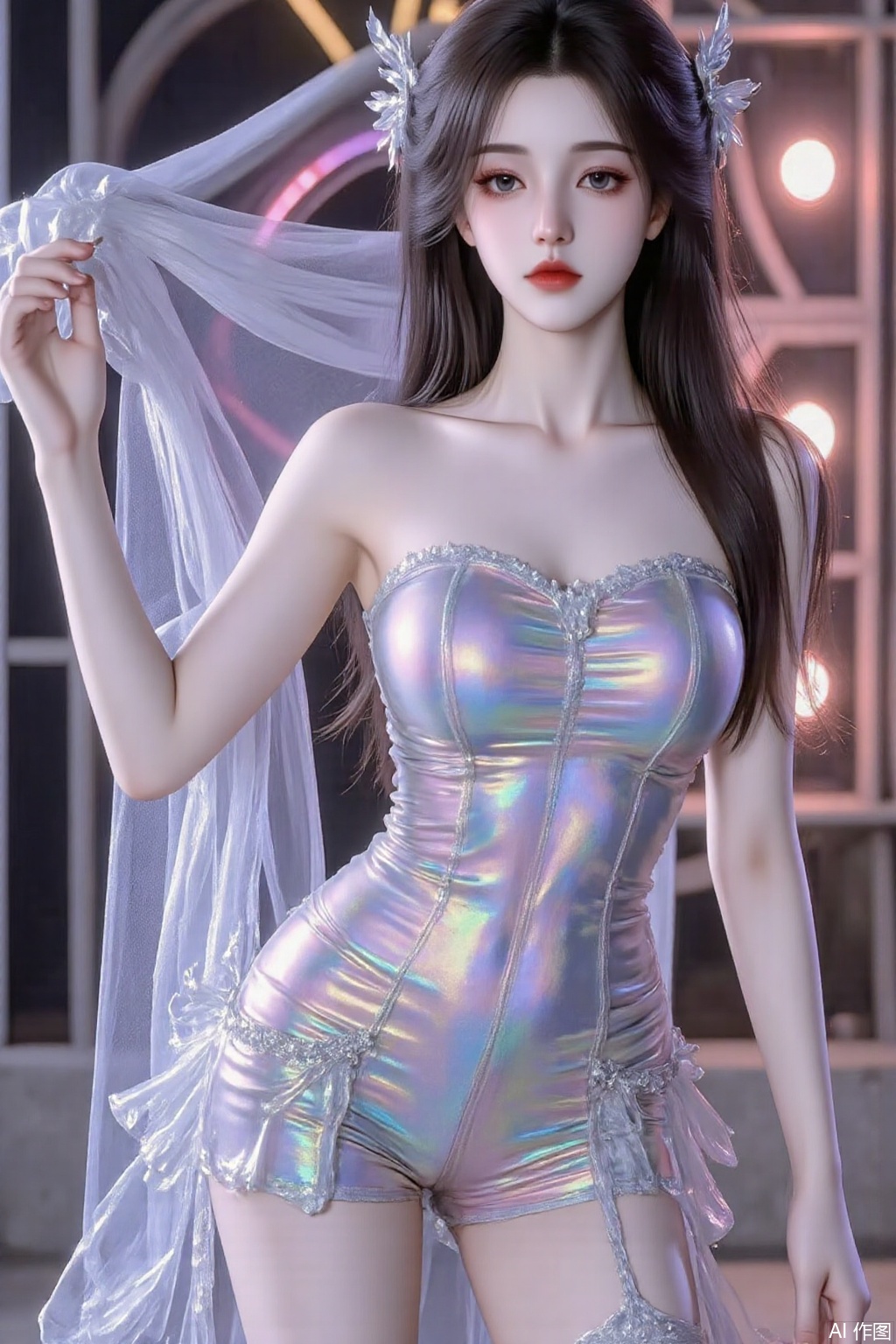 The image is a 3D rendering of a young woman posing in a futuristic outfit She is standing on a stage with a rainbow-colored background The woman is wearing a strapless, metallic bodysuit with a sweetheart neckline and a ruffled skirt that falls below her knees The bodysuits are covered in a shiny, iridescent material that reflects the light and creates a rainbow effect She has long dark hair styled in loose waves and a small flower in her hair The overall aesthetic of the image is futuristic and edgy., yyzs, sw,mn,fgxp,xz,