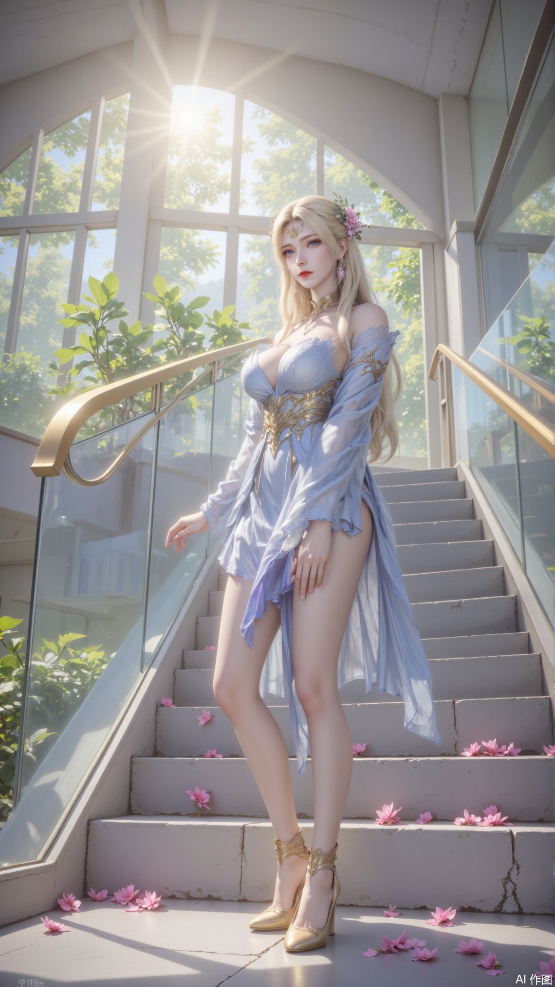 This picture depicts a lady standing on a staircase. She has long blond hair, wearing an elegant blue dress with a golden embellishment, and a floral accessory on her hair. The staircase is made of concrete with glass handrails leading to a large window through which natural light illuminates the entire space. Pink flowers scattered under her feet, the background shows a modern and light-filled indoor environment, with green plants outside visible through large windows.