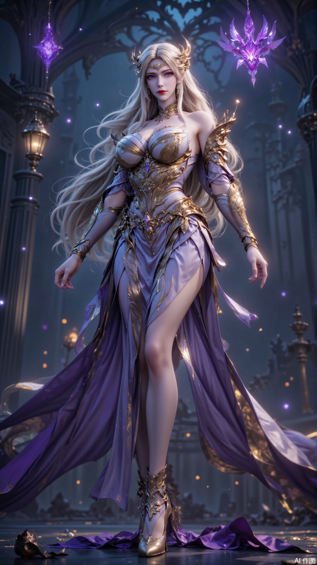 This picture depicts a highly detailed and stylized character standing in a dark and mysterious environment. The character has long blond hair and gorgeous armor, consisting mainly of gold and purple, with intricate designs and patterns. The armor covers the upper body, including the chest and arms, and extends to the legs. The character has long flowing white hair that looks carefully combed.

The background is dark, with some glowing orbs scattered around, creating a sense of depth and atmosphere. The ground looks like it is made of stone or metal, adding a fantasy setting. Low angle shot, dynamic pose, blurred background.

The character's costumes and the elements around it suggest a high fantasy or magical theme with a focus on elegance and grandeur.