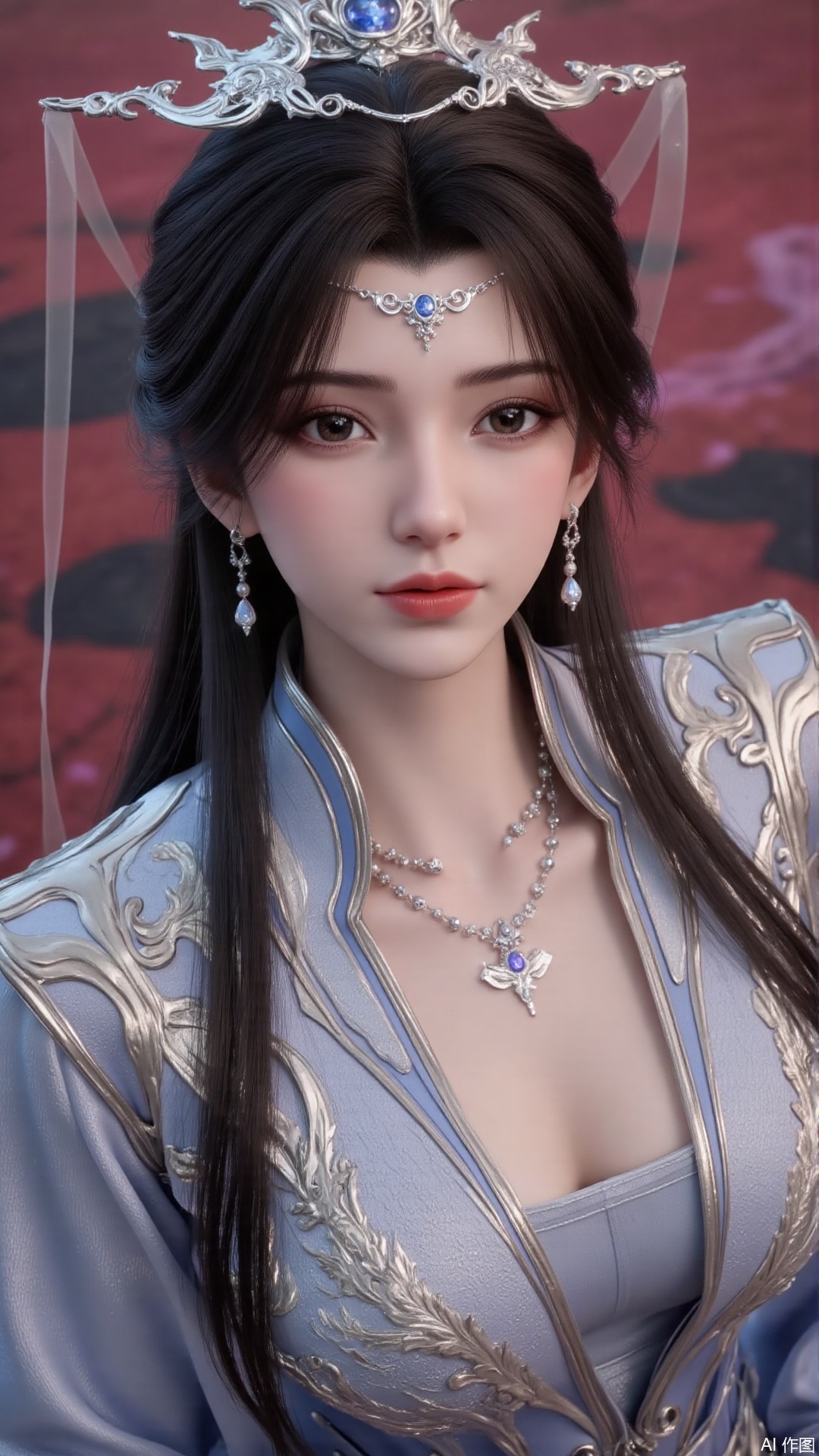 masterpiece,best quality,1girl, hair ornament, solo, jewelry, earrings, long hair, black hair, forehead mark, facial mark, sitting