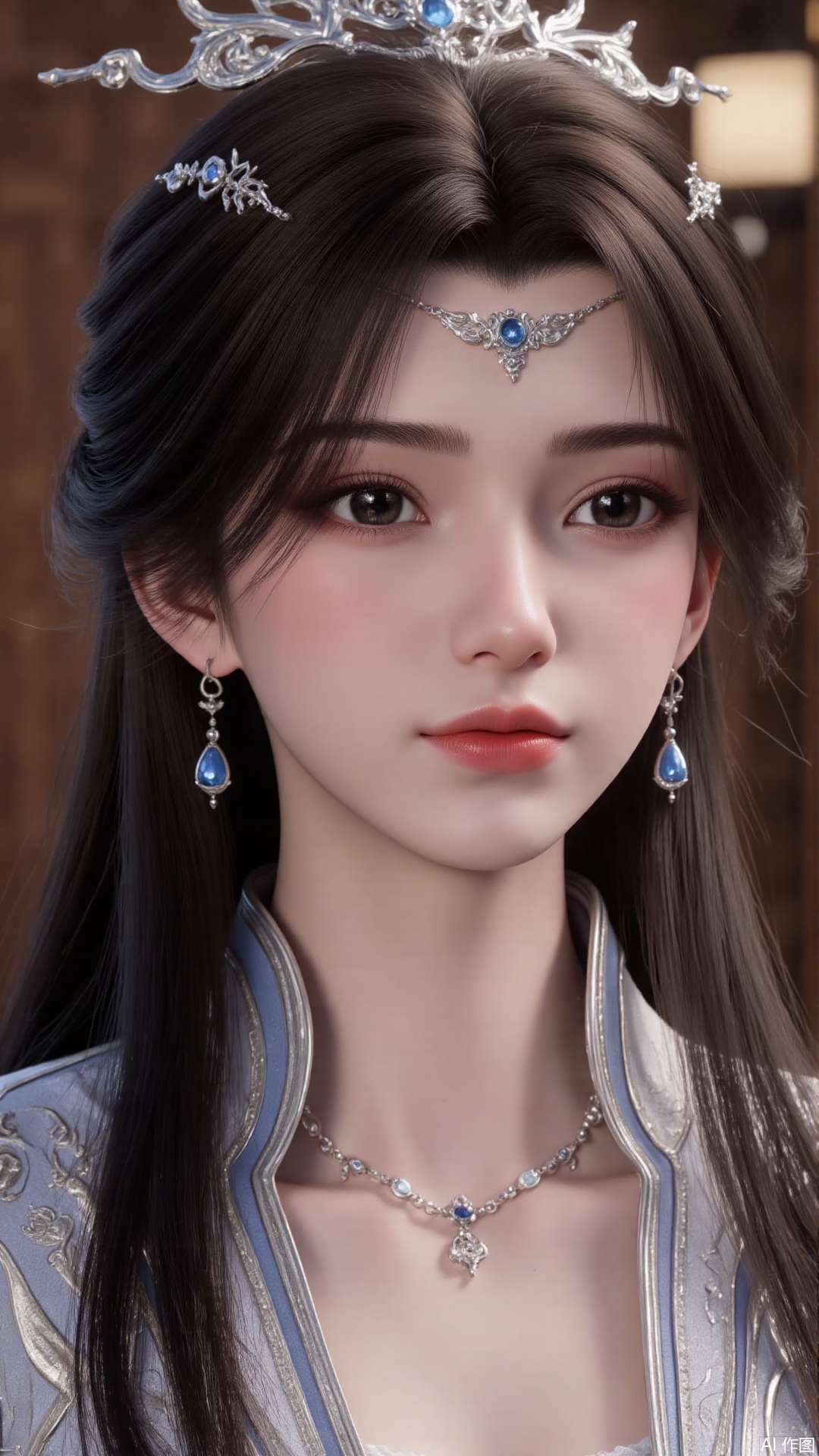 masterpiece,best quality,1girl, hair ornament, solo, jewelry, earrings, long hair, black hair, forehead mark, facial mark, cowboy shot