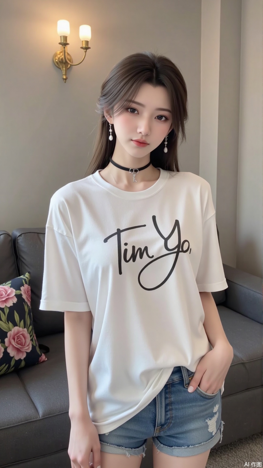 White t-shirt with ”Tim_Yi“ written on it, jeans shorts,1girl