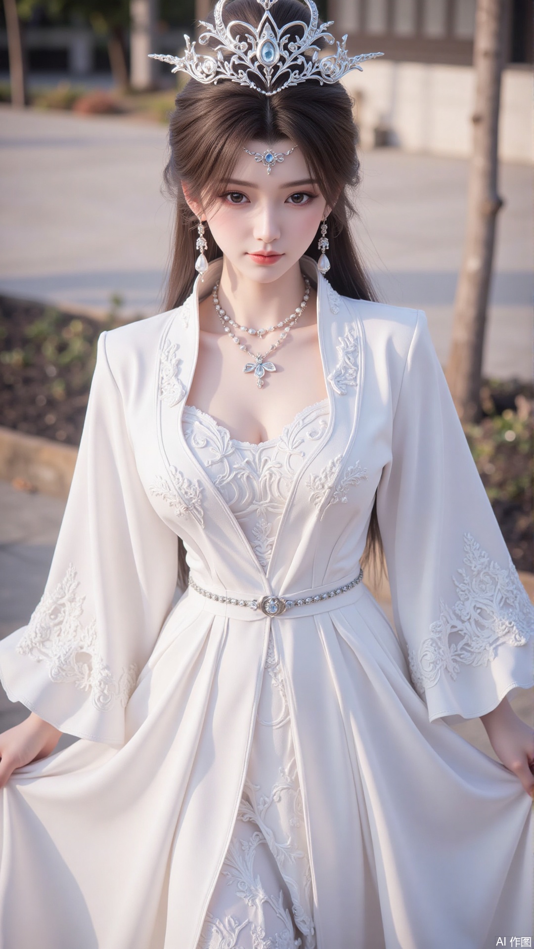 1girl, white wedding dress,looking at viewer, mischevious smile, perfect body, scenery, sharp focus, best quality, masterpiece, detailed outfit, illustration, perfect eyes, finely detailed beautiful anime eyes, realistic skin, intricate details, best lighting, depth of field, ultra high resolution, cowboy_shot, bride