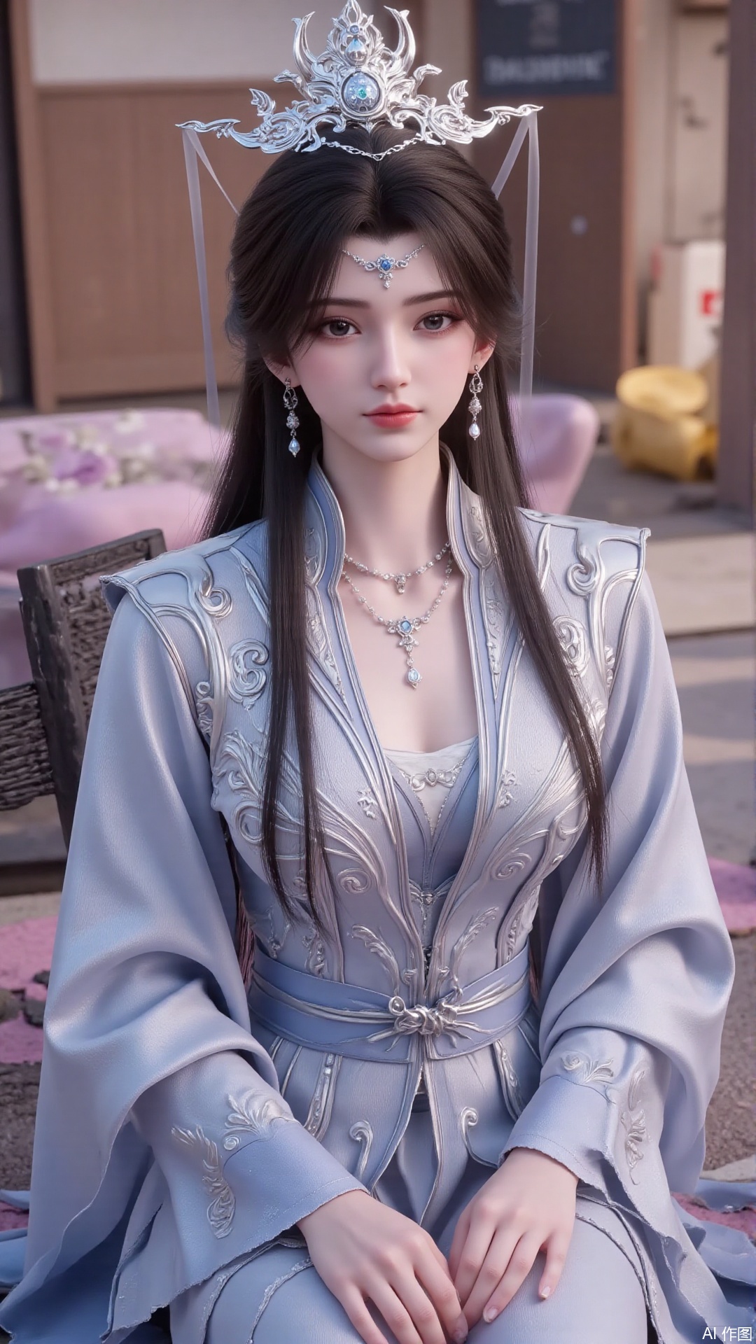 masterpiece,best quality,1girl, hair ornament, solo, jewelry, earrings, long hair, black hair, forehead mark, facial mark, sitting
